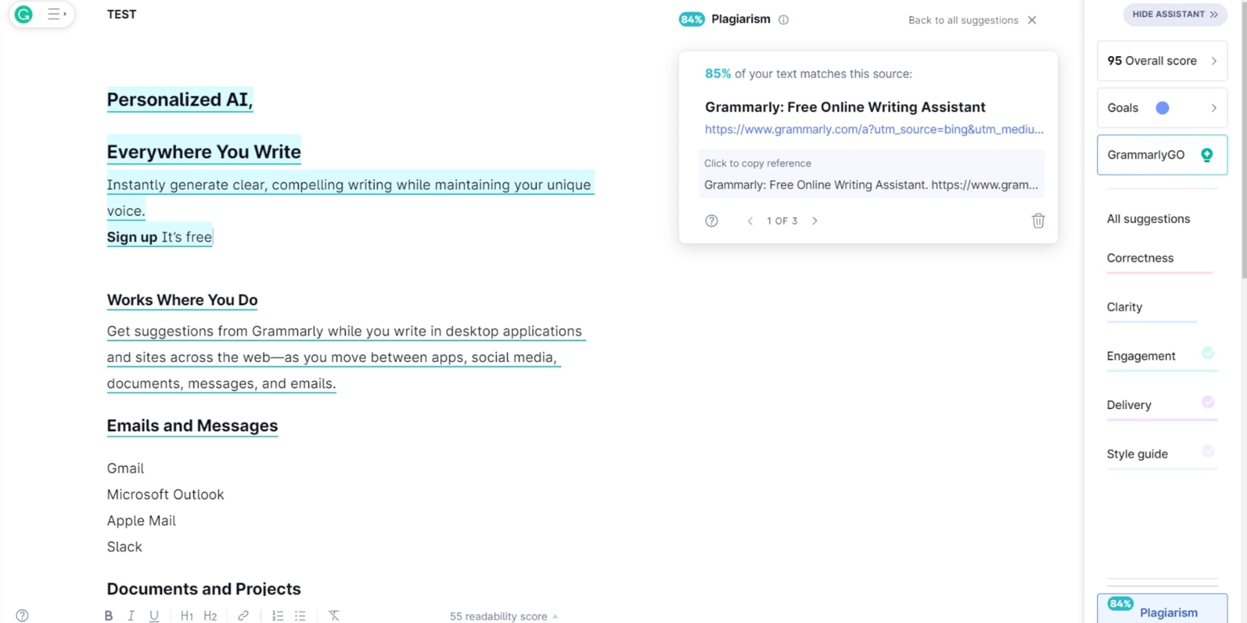 A screenshot of the Grammarly's Plagiarism Checking Tool
