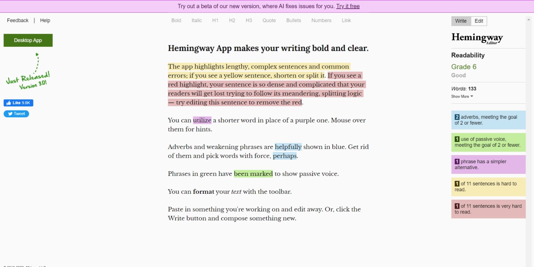 A screenshot of the Hemmingway Editor's Edit Mode