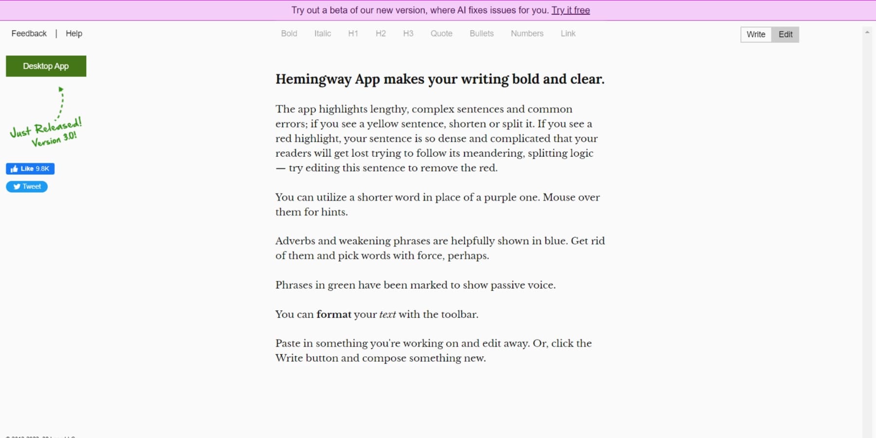 A screenshot of the Hemmingway Editor's homepage