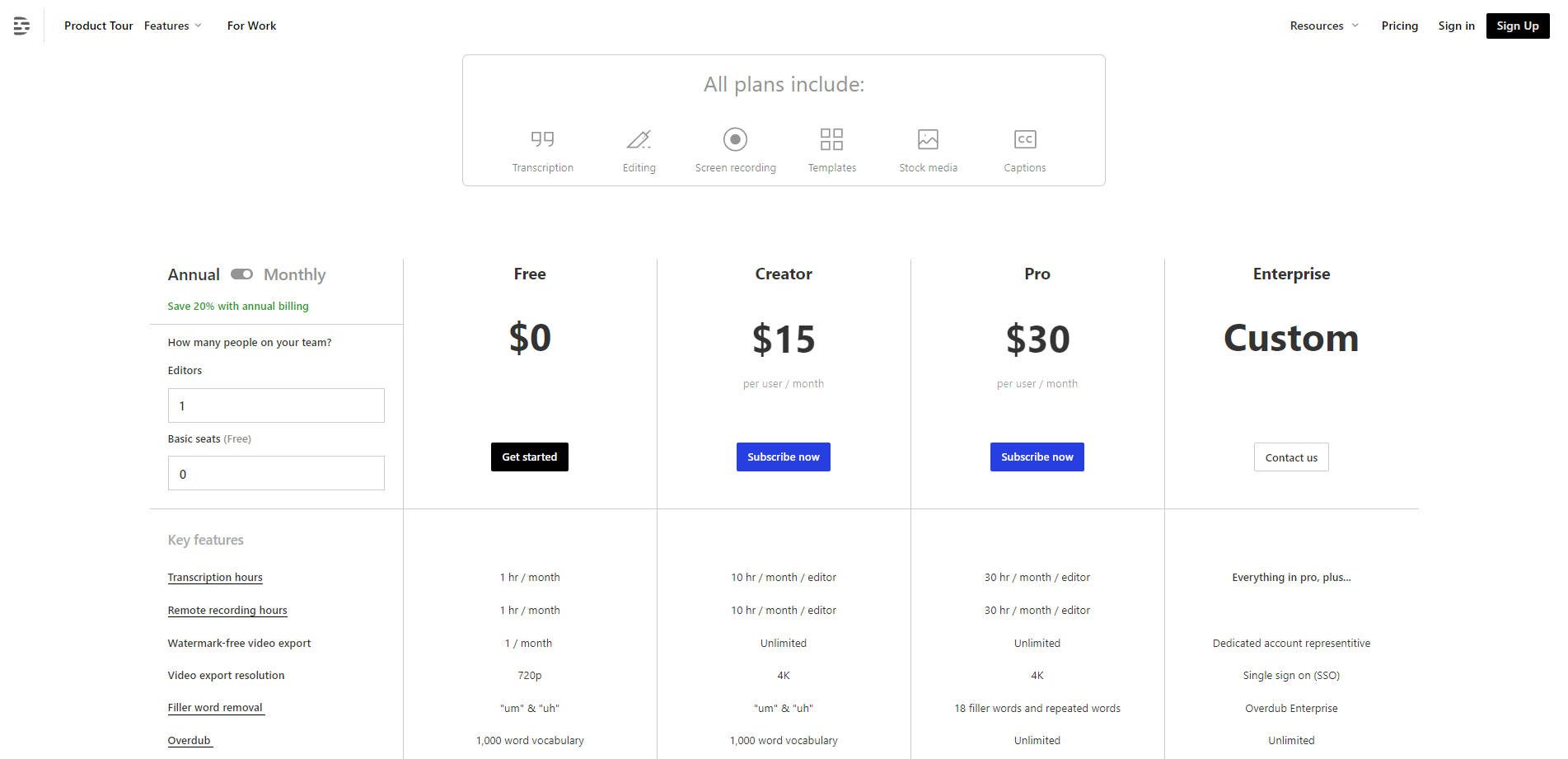 Descript Pricing Page October 2023