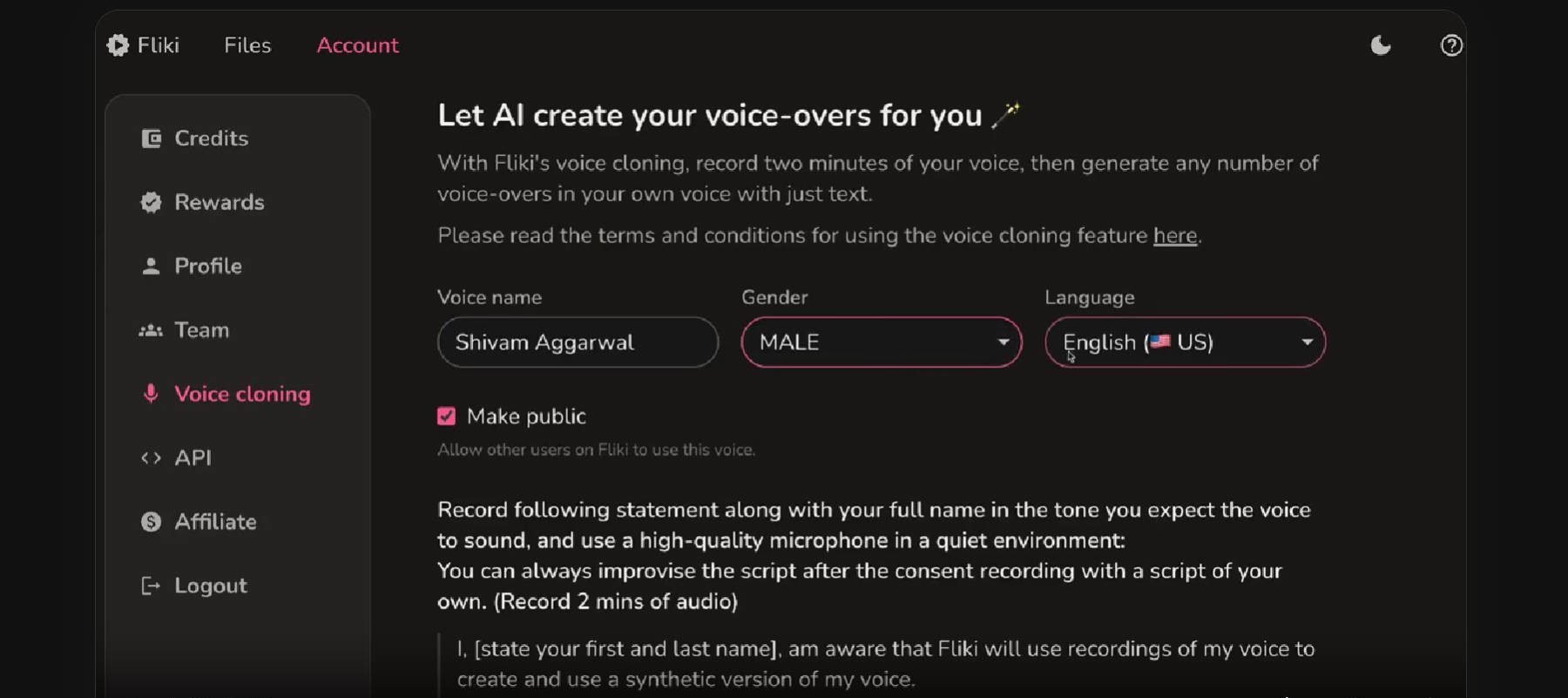 Fliki AI Voice Cloning Screenshot