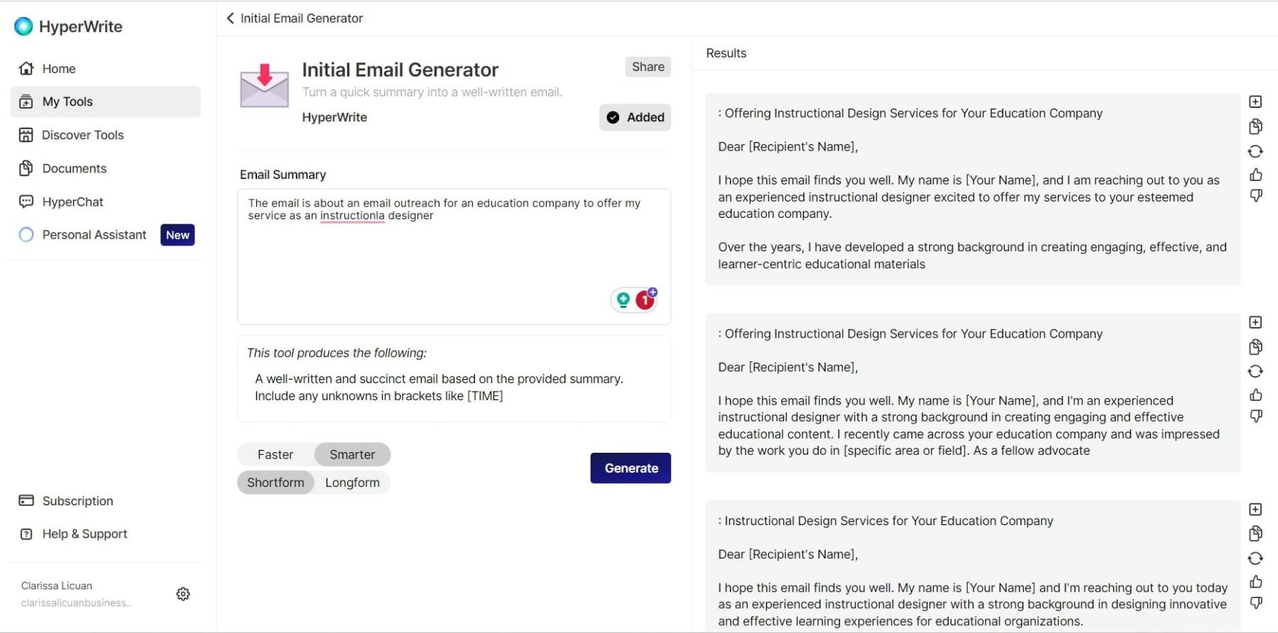 Hyperwrite Initial Email Generator