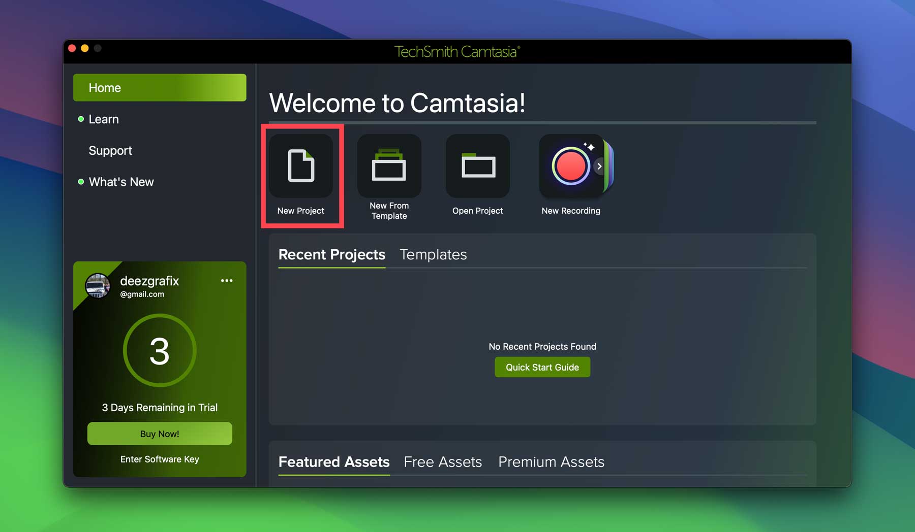 create new Camtasia project