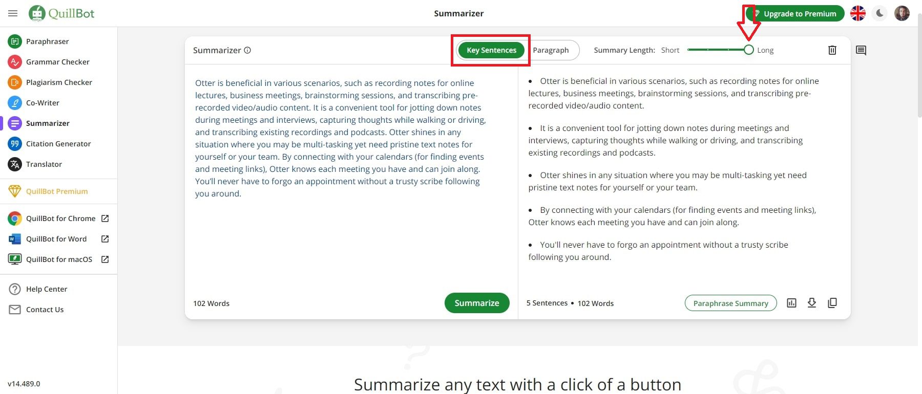 quillbot ai key sentences long summary length