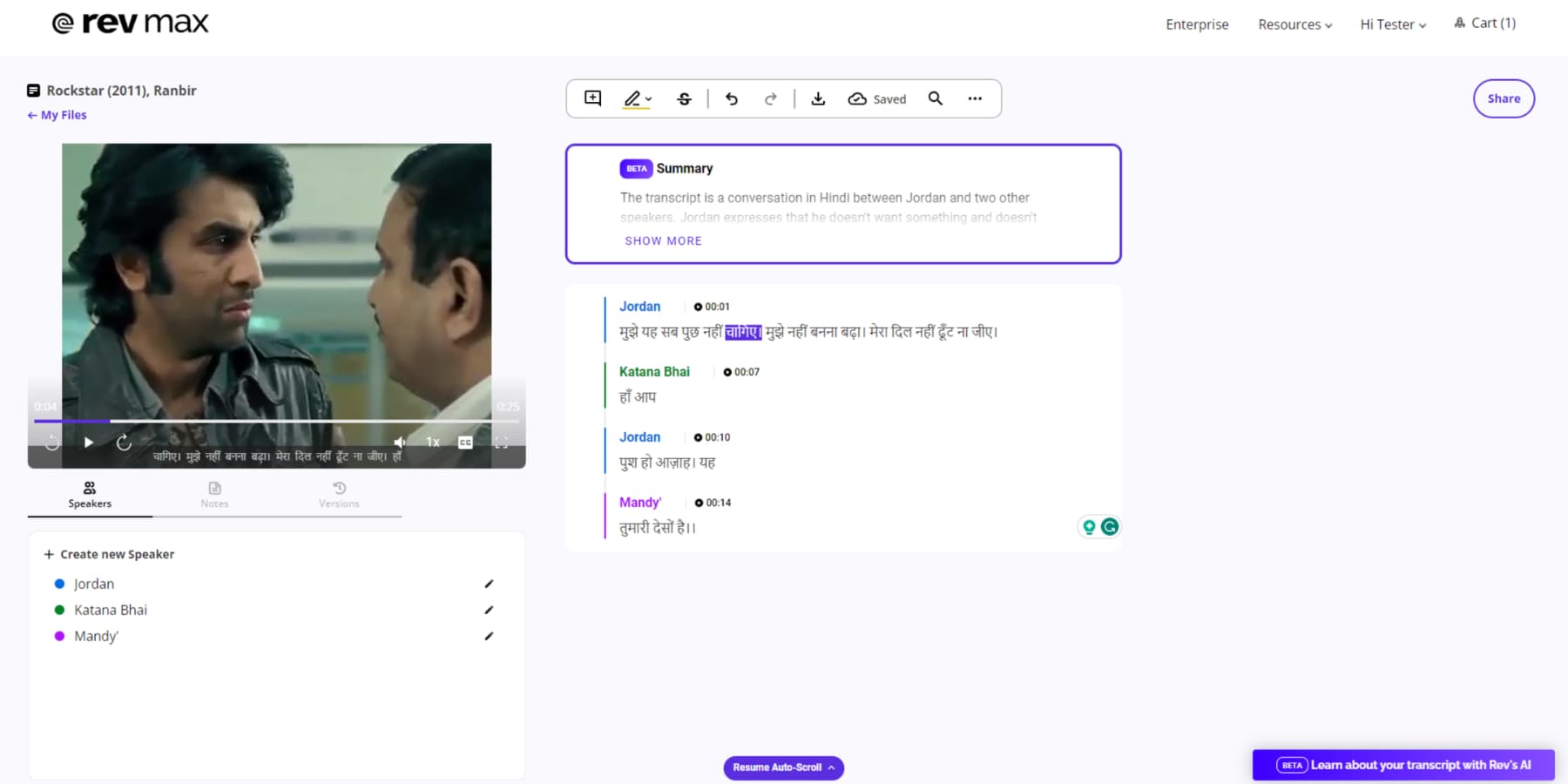 A screenshot Rev's AI transcripting videos in Hindi