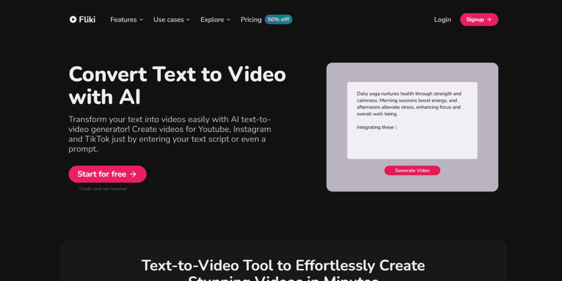 A screenshot of Fliki AI's Text to Video home page