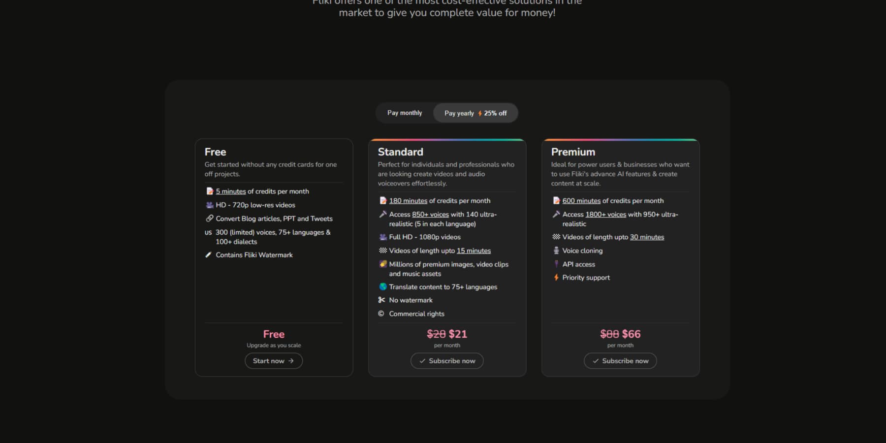 A screenshot of Fliki AI's pricing