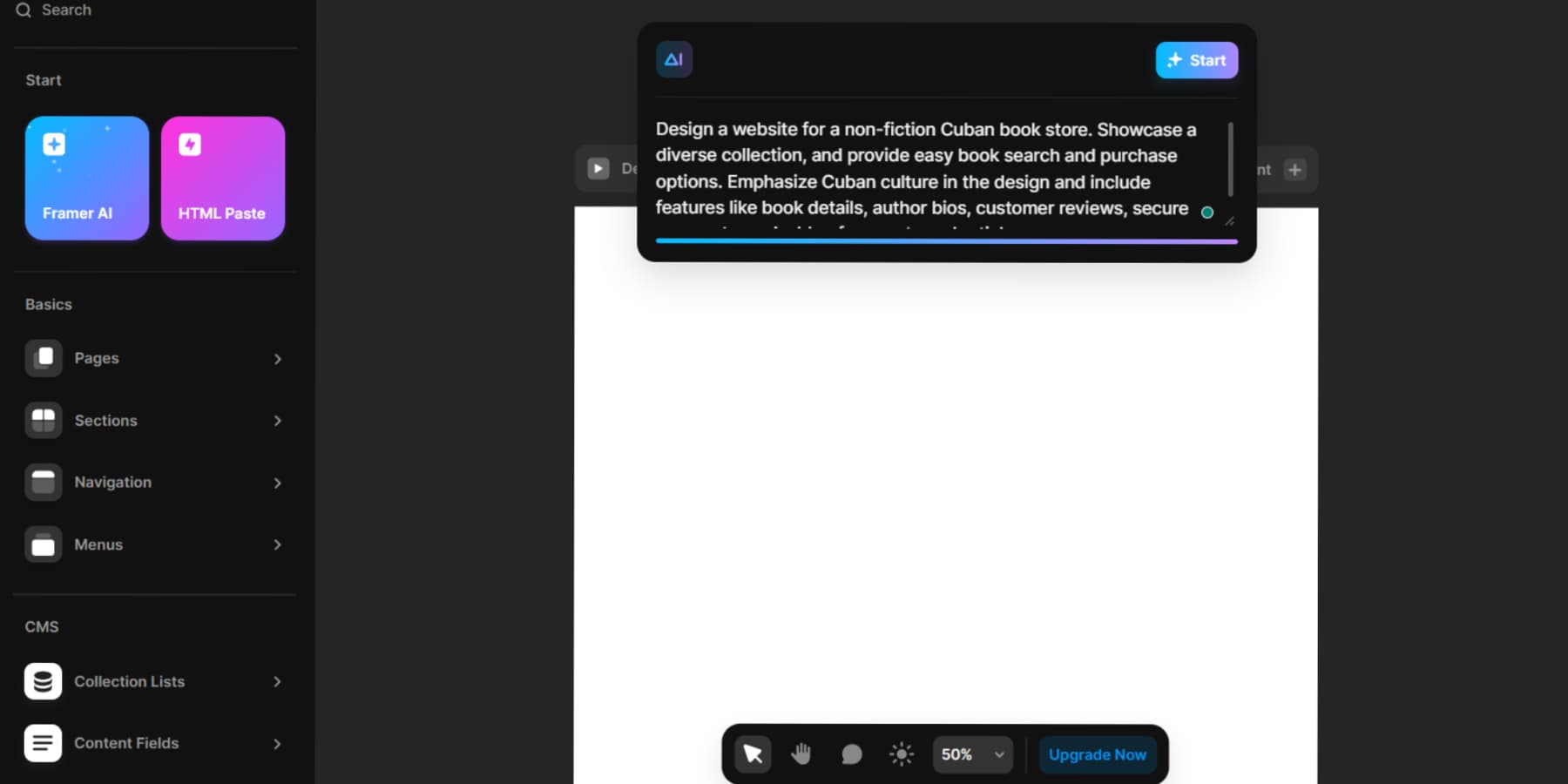 A screenshot of Framer's AI Prompt Popup