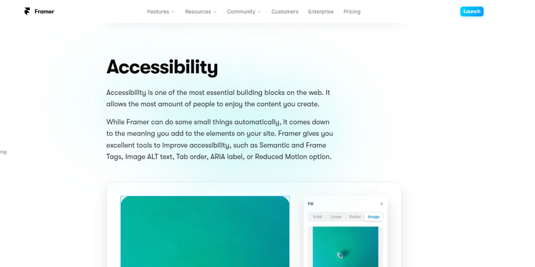 A screenshot of Framer's Accessibility features from their website