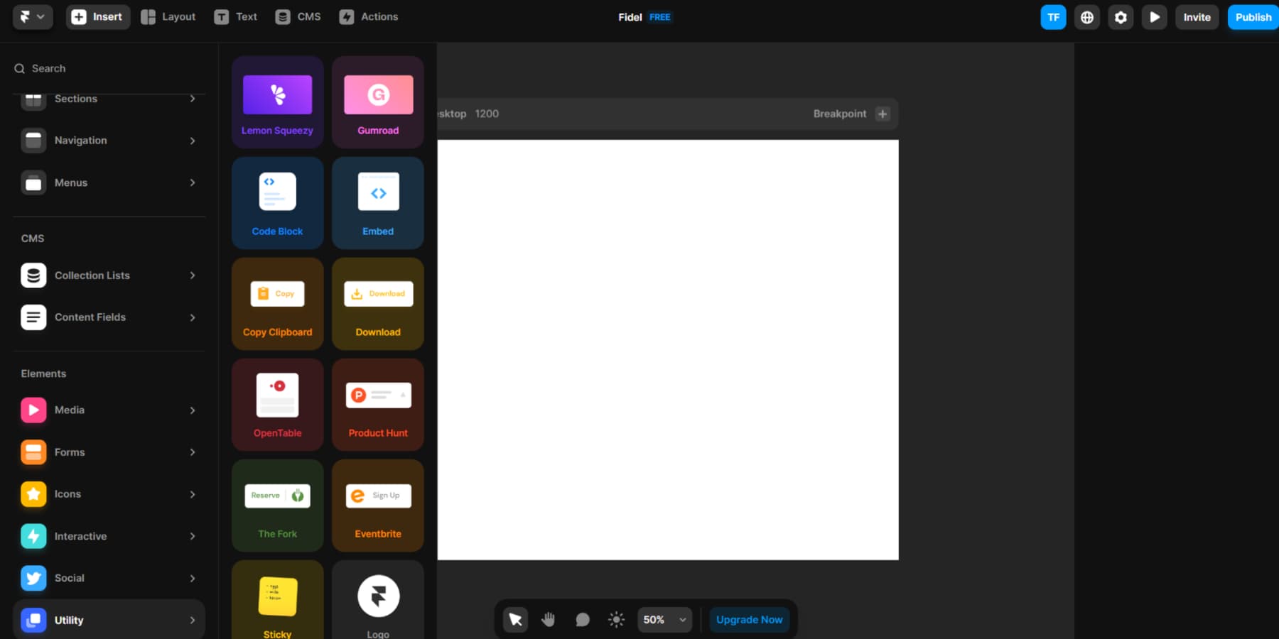 A screenshot of Framer's Insert Elements