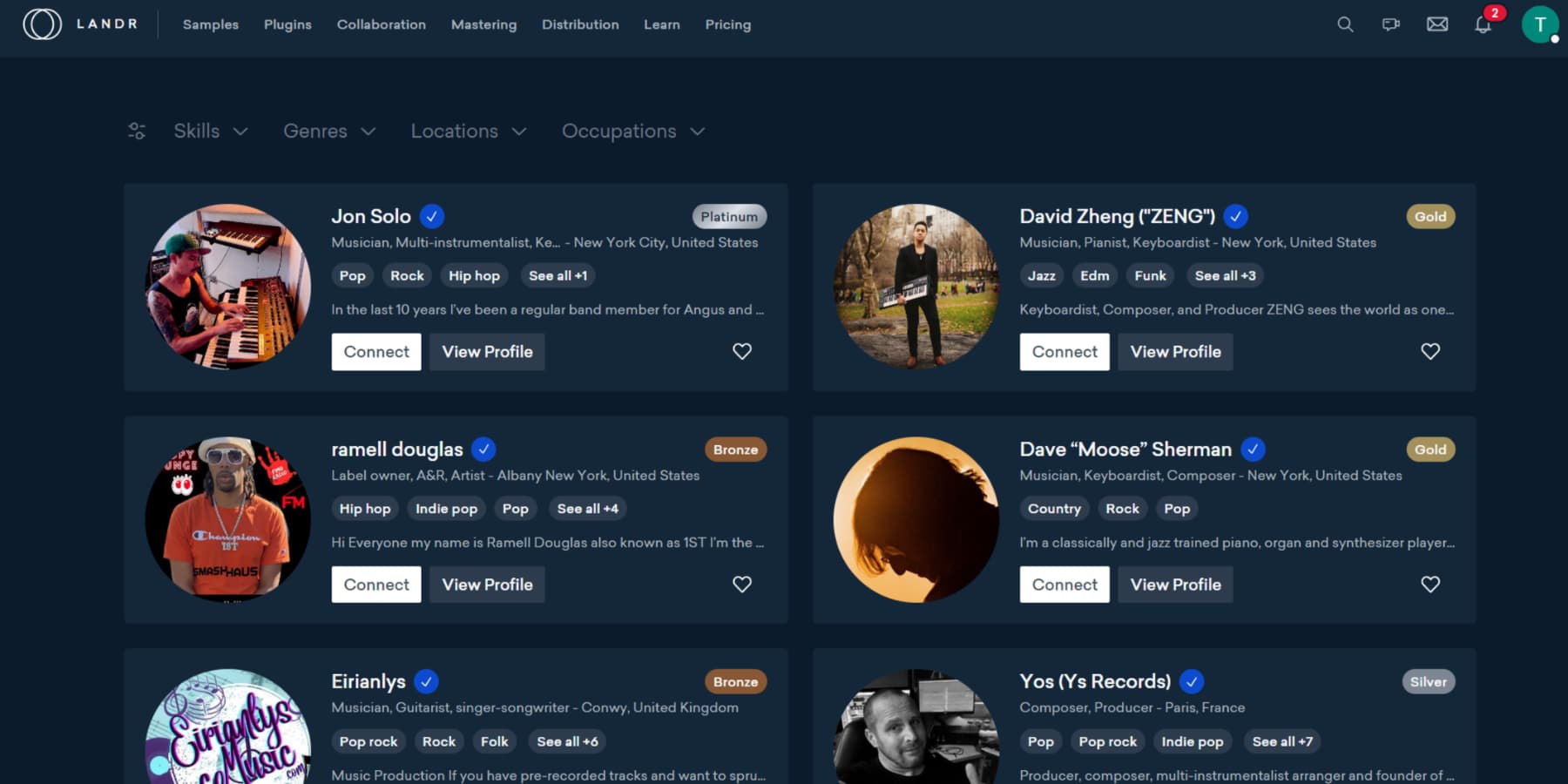 A screenshot of LANDR's fledging community of musicians