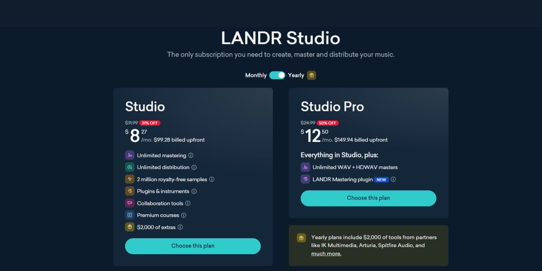 A screenshot of LANDR's pricing