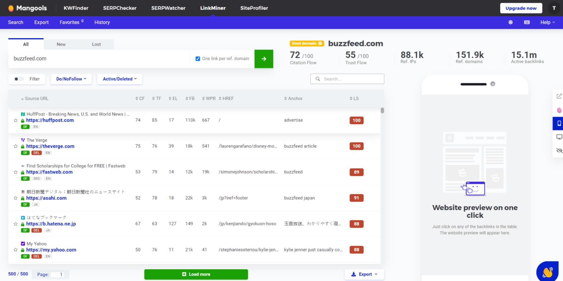 A screenshot of LinkMiner analyzing competitor's backlinks