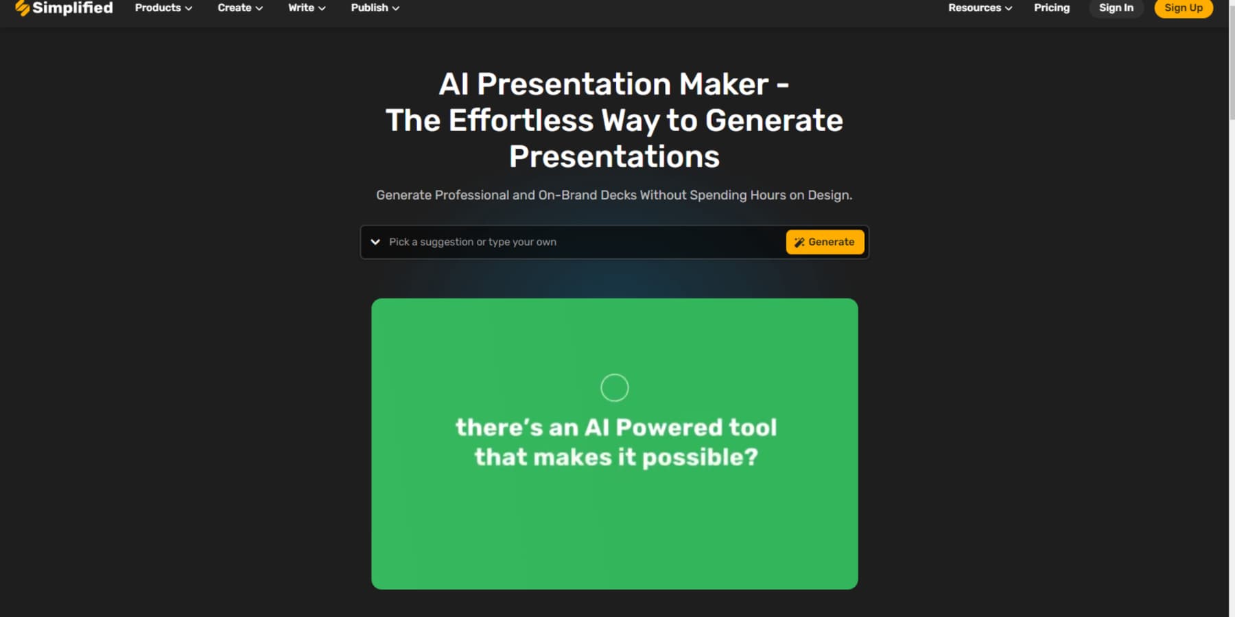 A screenshot of Simplified's AI Presentation Maker Landing Page
