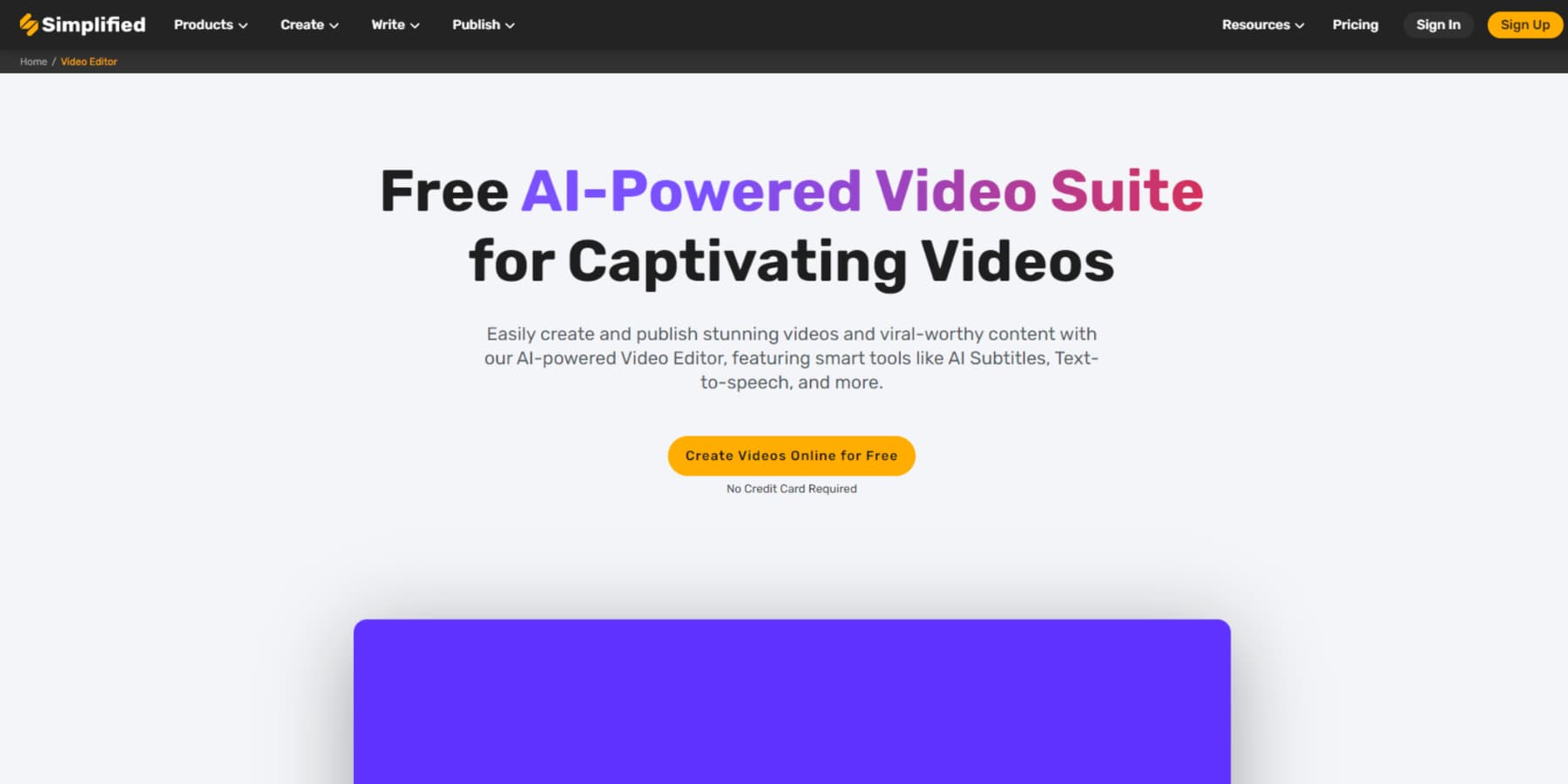 A screenshot of Simplified's AI Video Editor Landing Page