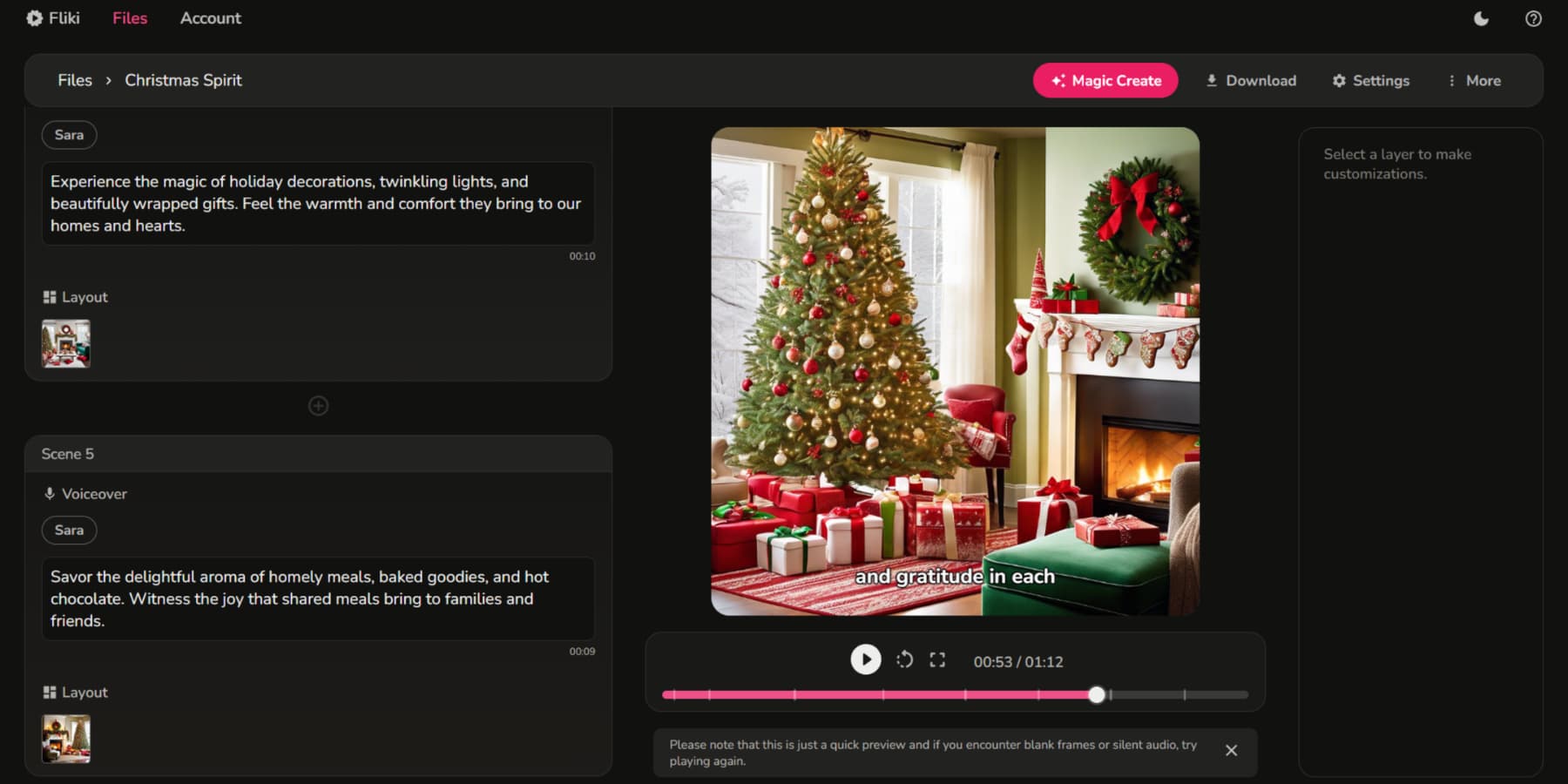 A screenshot of a Christmas Ad being created using Fliki AI