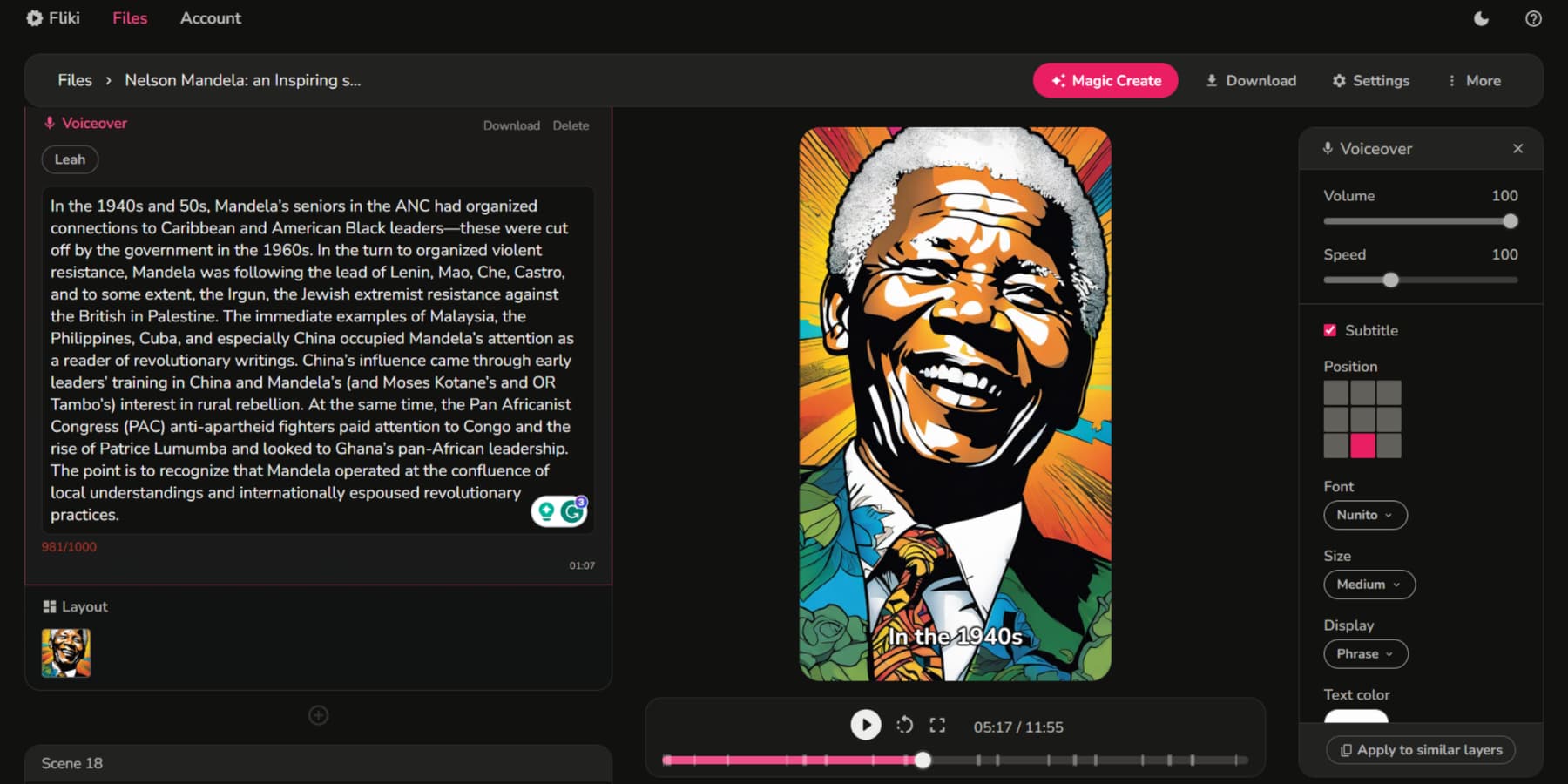 A screenshot of a video telling the story of Nelson Mandela being created using Fliki AI