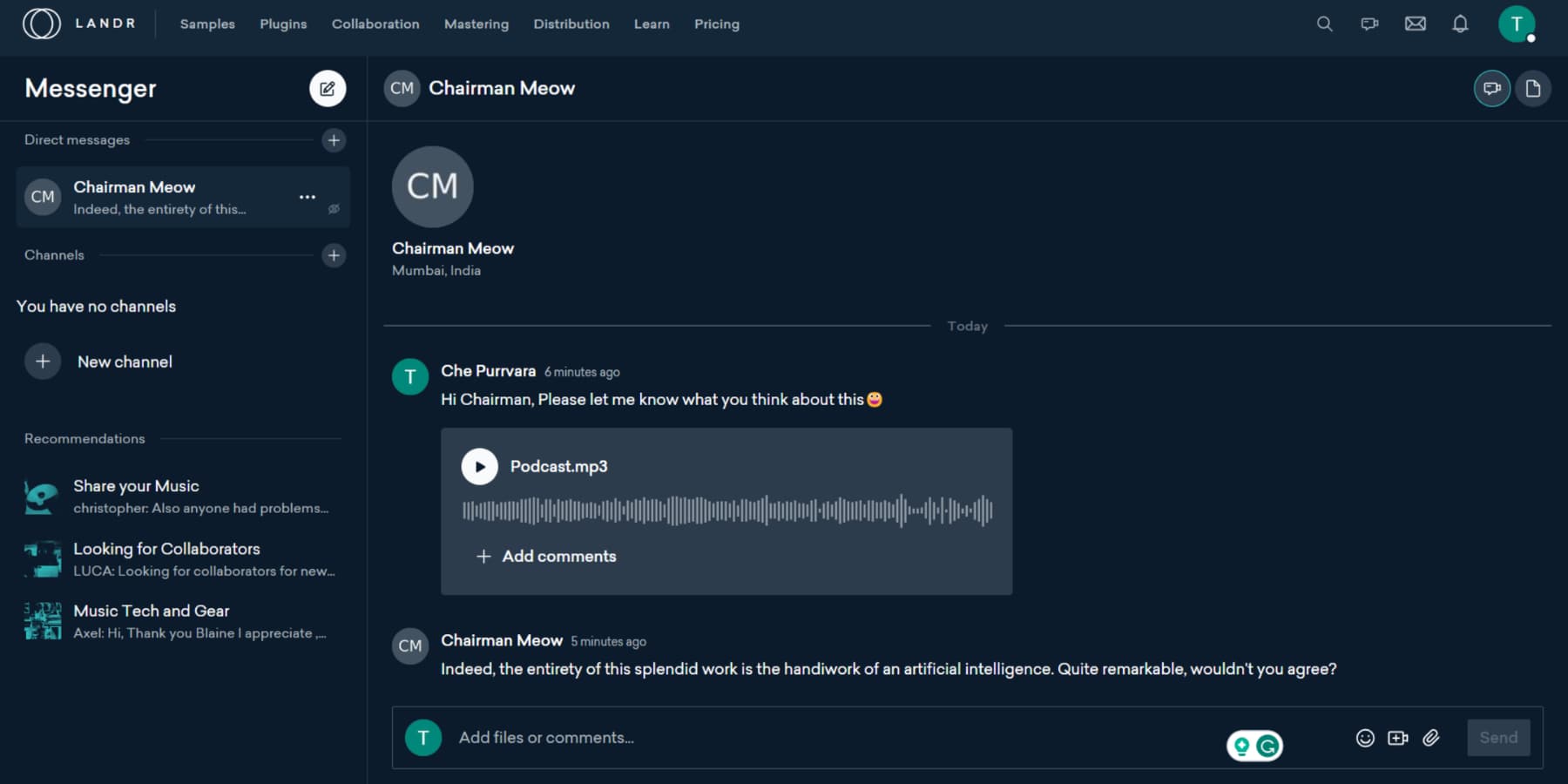 A screenshot of messaging and collaboration with LANDR