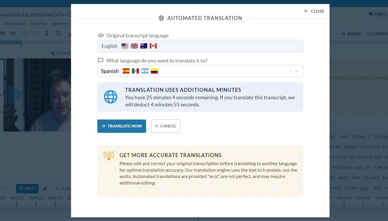 Automated Translation feature -Sonix