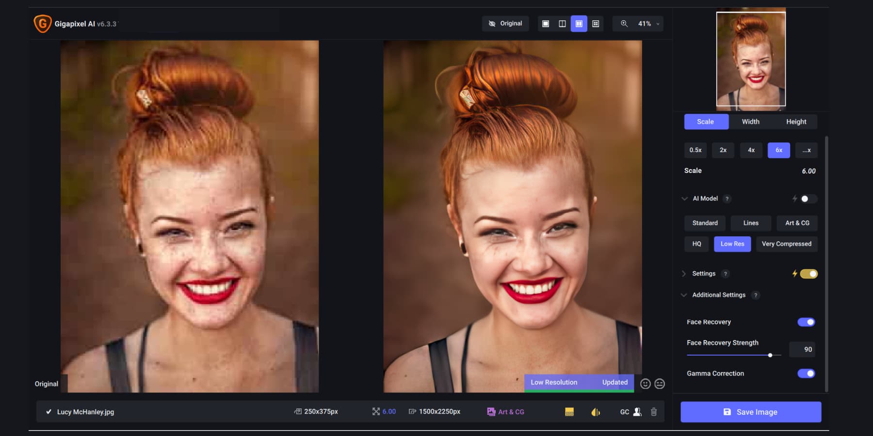A screenshot of Gigapixel AI's facial recovery attempts