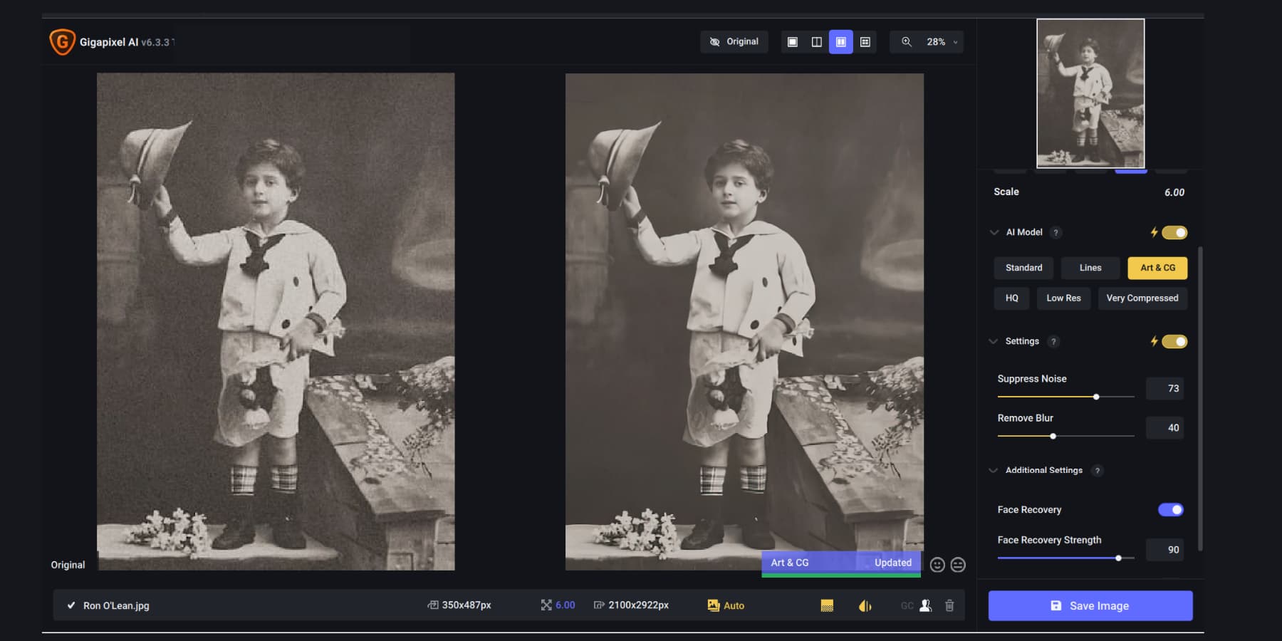 A screenshot of Gigapixel AI's helping to restore an old timey picture
