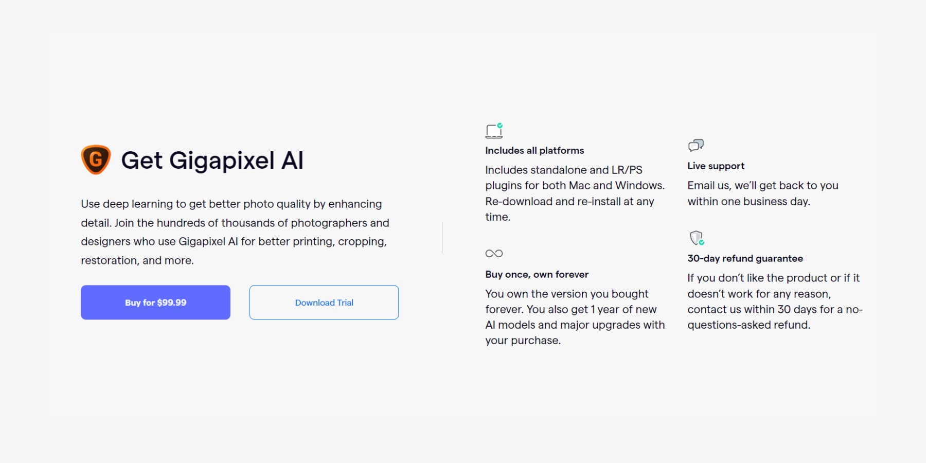 A screenshot of Gigapixel's Pricing