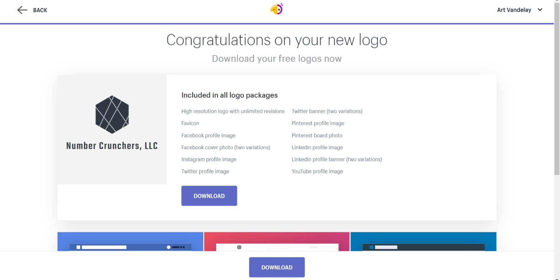 A screenshot of Hatchful generating social media assets for a logo