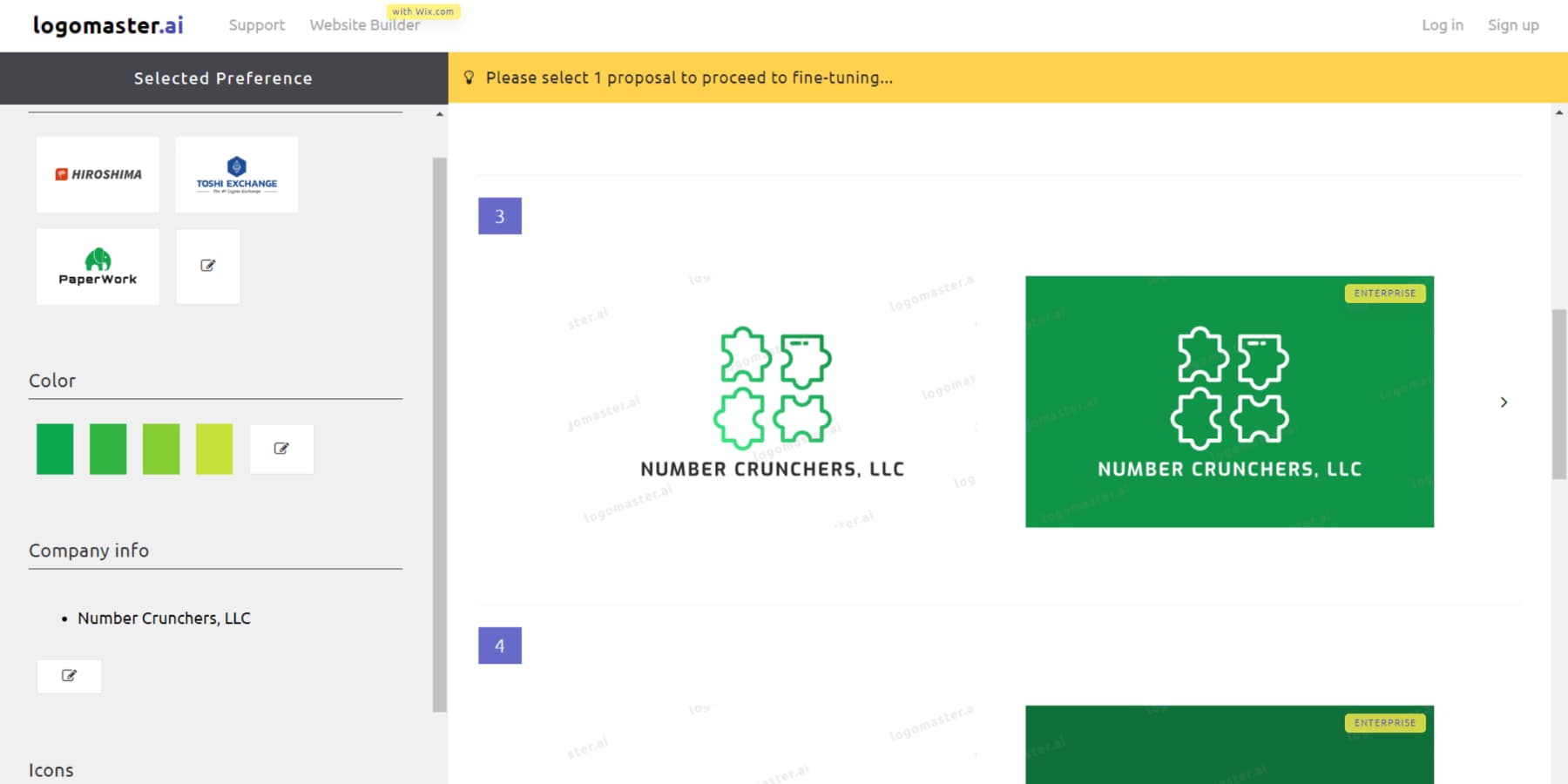 A screenshot of Logomaster.ai created logos with input