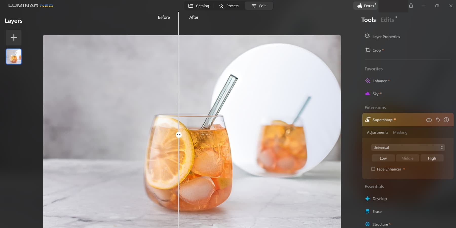 A screenshot of Luminar Neo sharpening the pictures with Supersharp AI