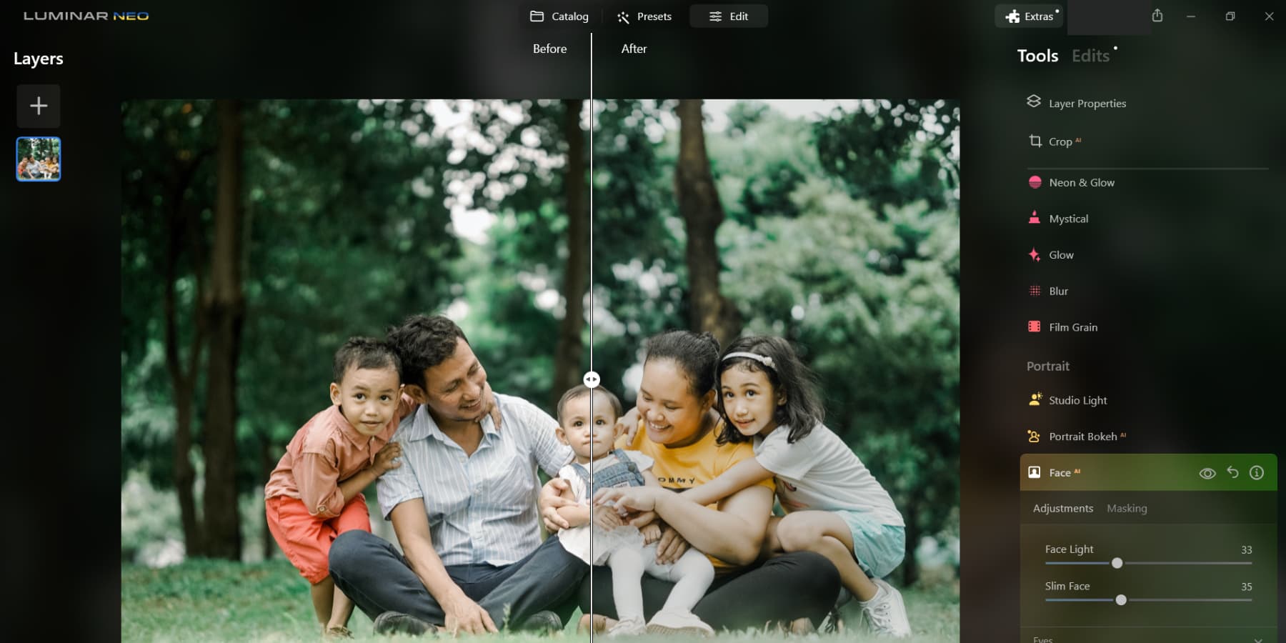 A screenshot of Luminar Neo's retouching a family photo