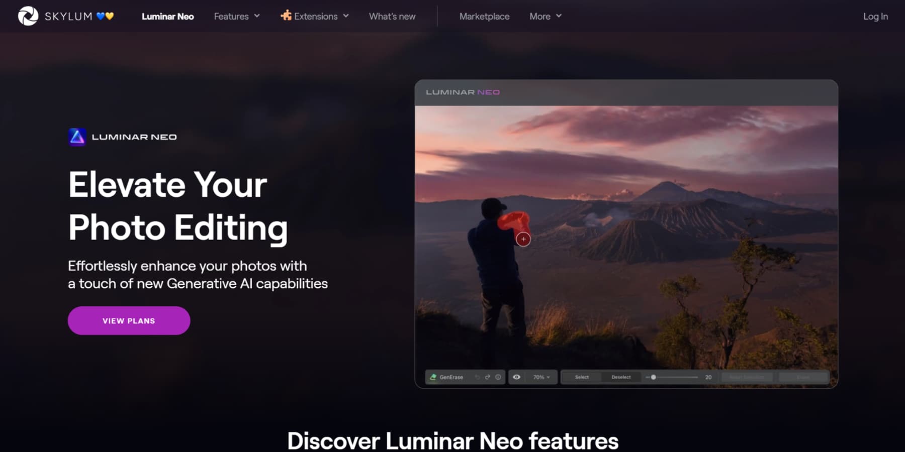 A screenshot of Skylum Luminar Neo's homepage