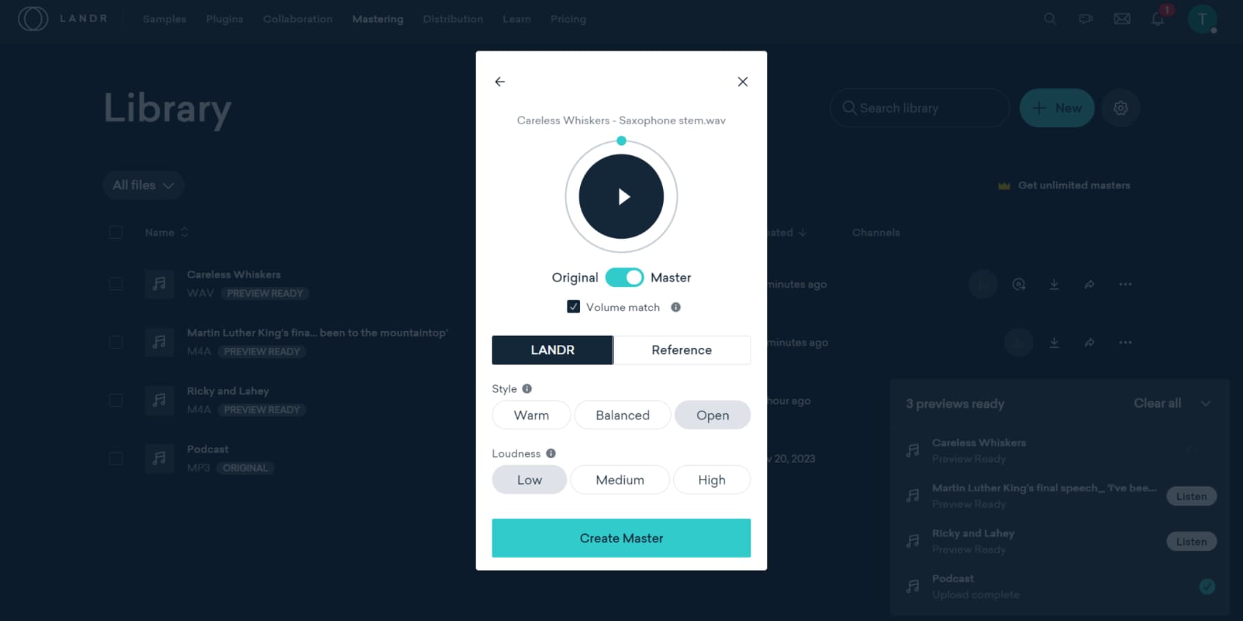 A screenshot of Stem mastering with LANDR