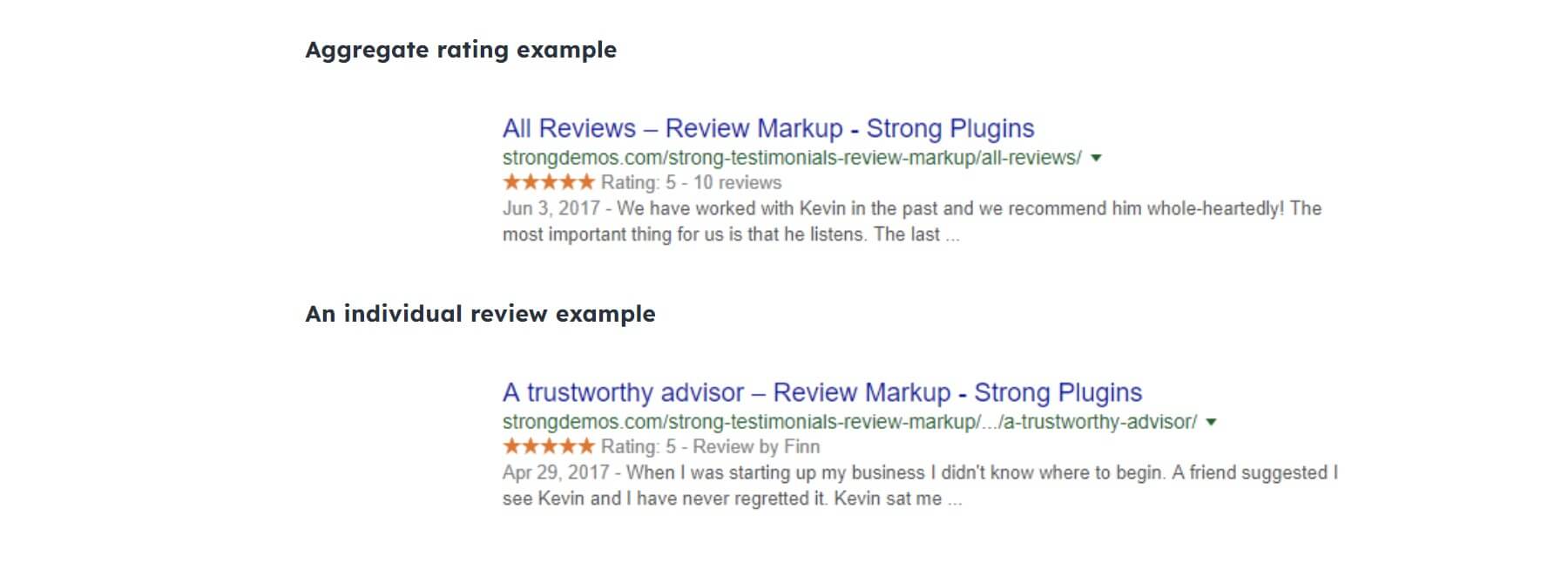 Strong Testimonials Rich Snippets from Review Markup Feature