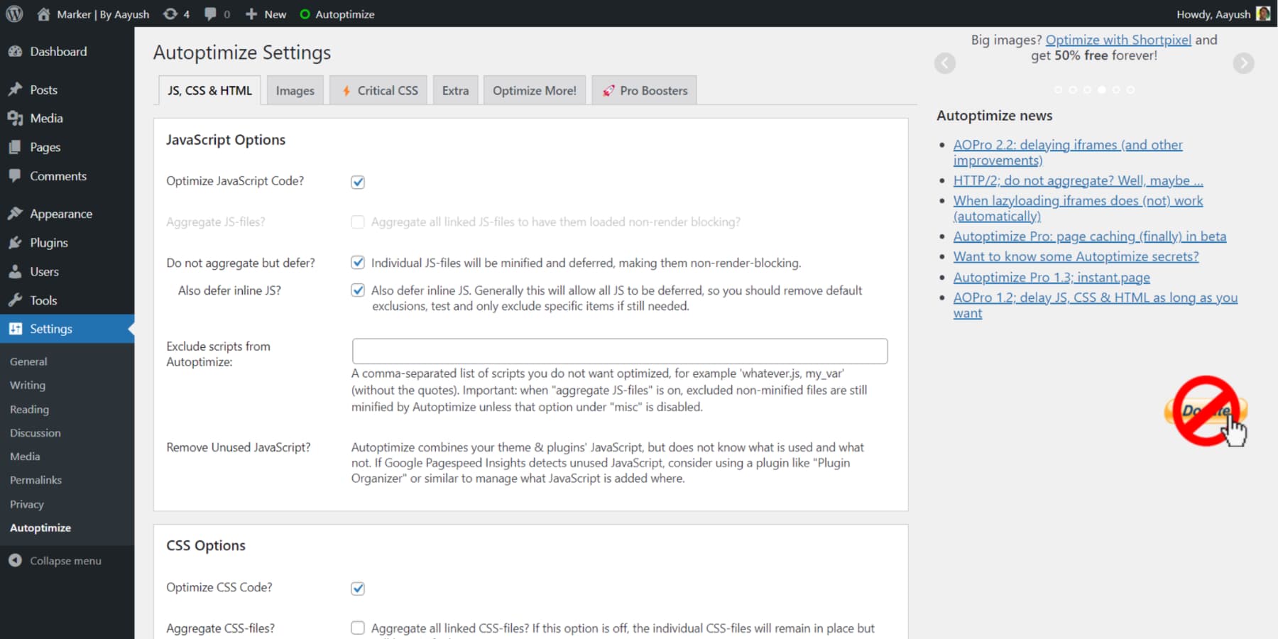 A screenshot of Autoptimize's User Interface