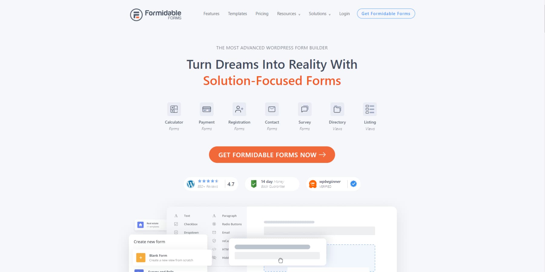 A screenshot of Formidable Forms' Homepage