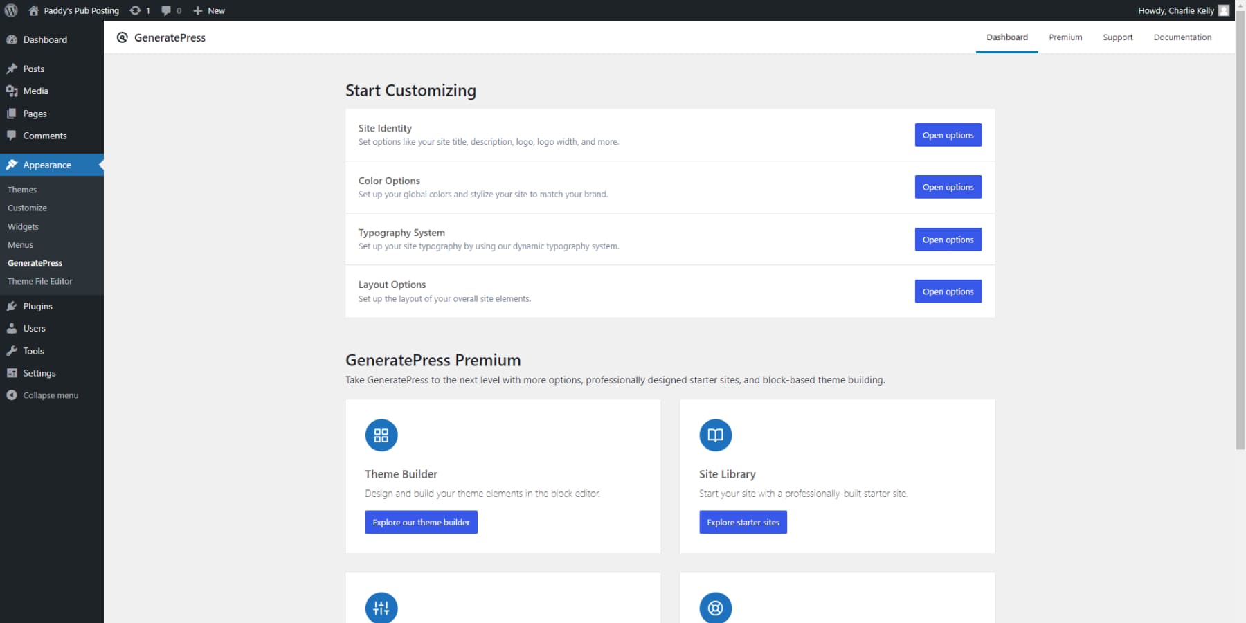A screenshot of GeneratePress' user interface