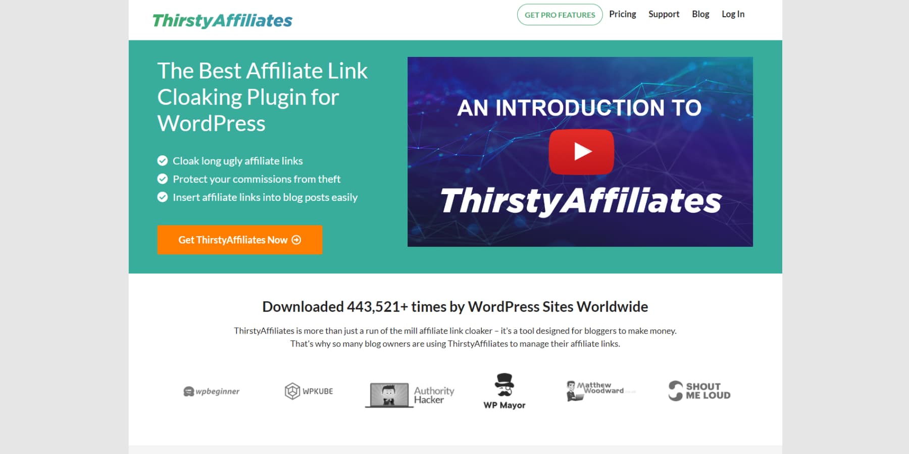 A screenshot of ThirstyAffiliates' Homepage
