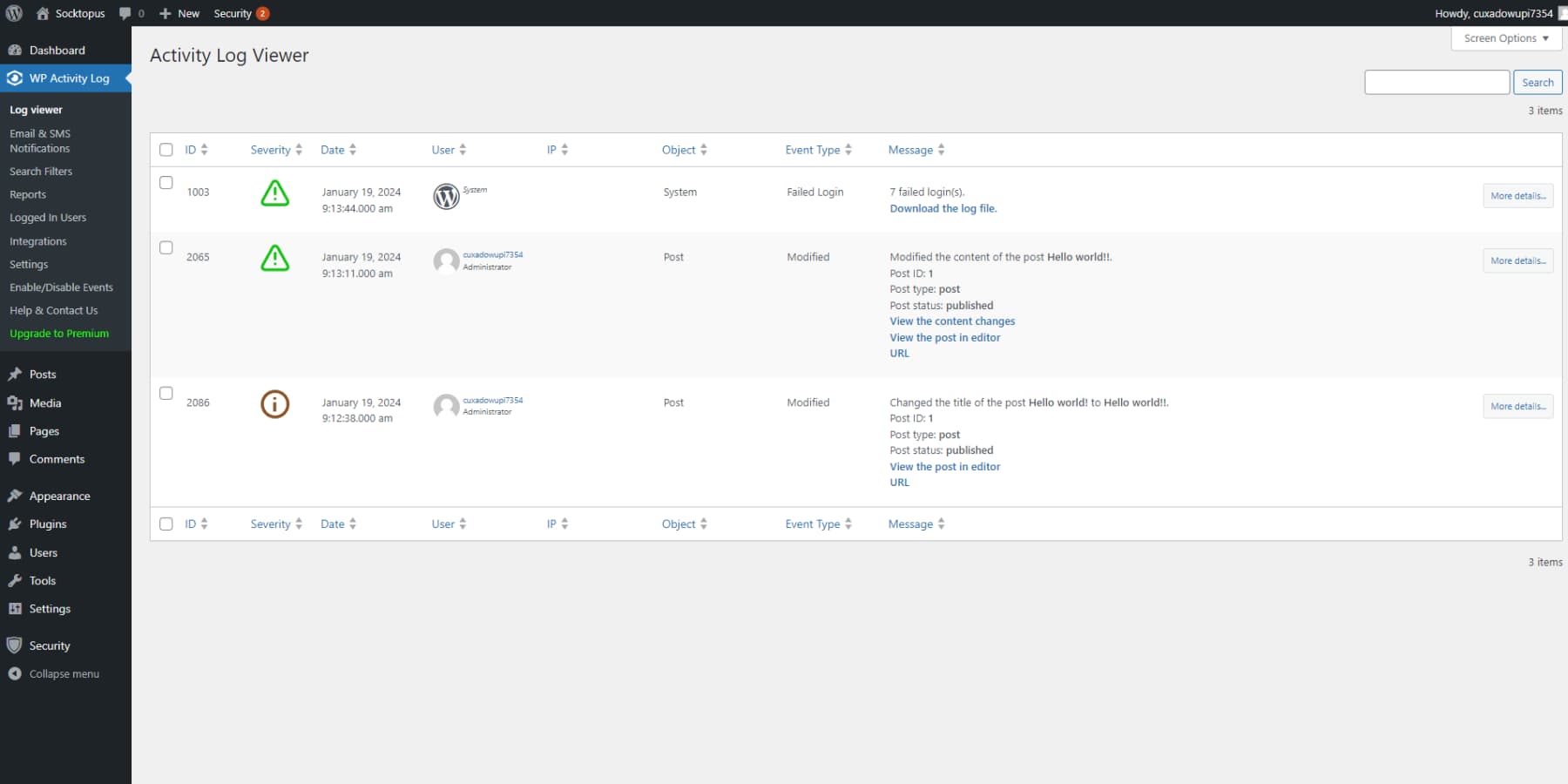 A screenshot of WP Activity Log's User Interface