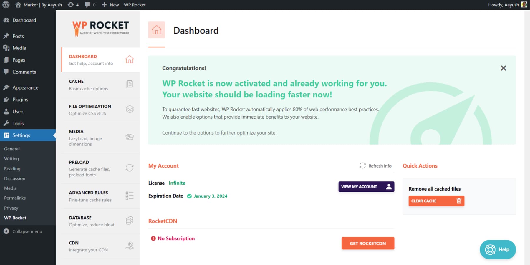 A screenshot of WP Rocket's User Interface