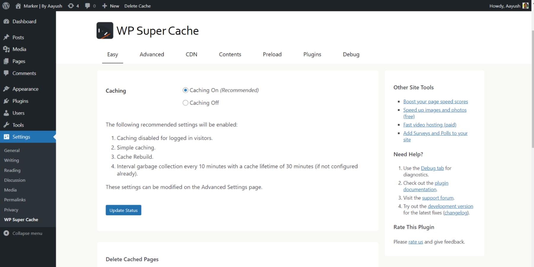 A screenshot of WP Super Cache's User Interface