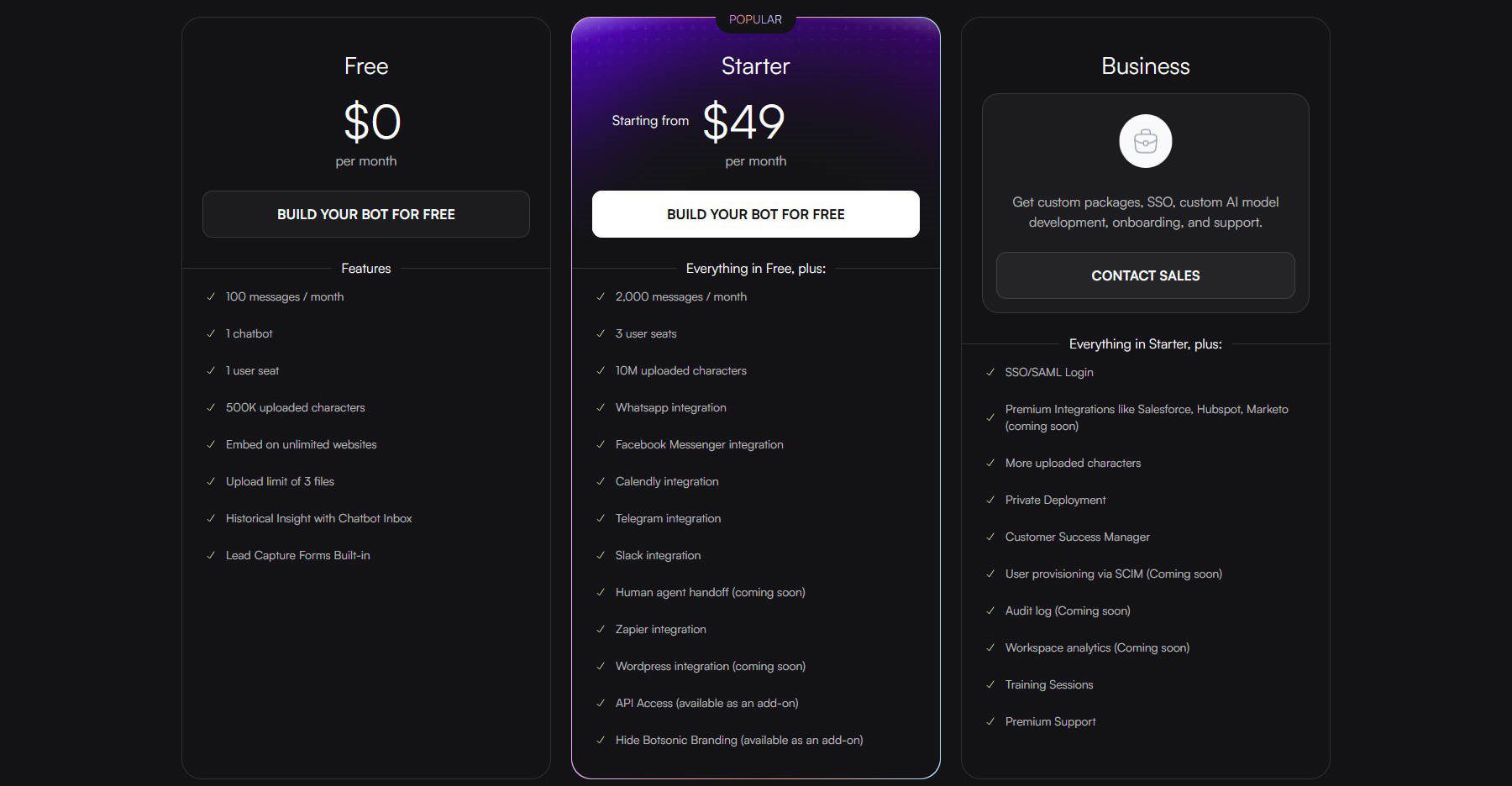 Botsonic Pricing Page November 2023