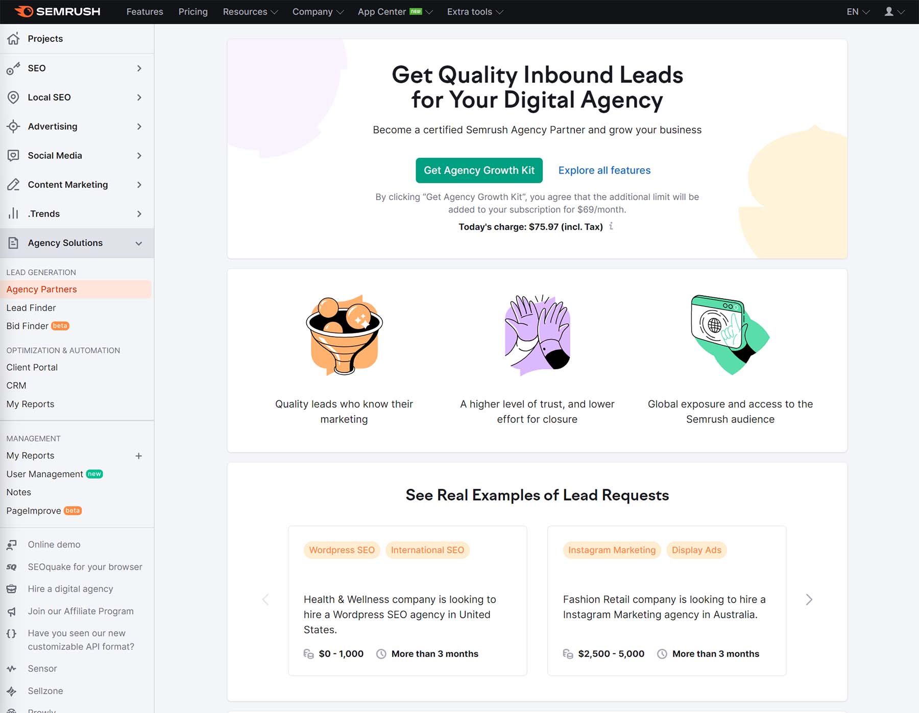 screenshot of semrush's agency solutions