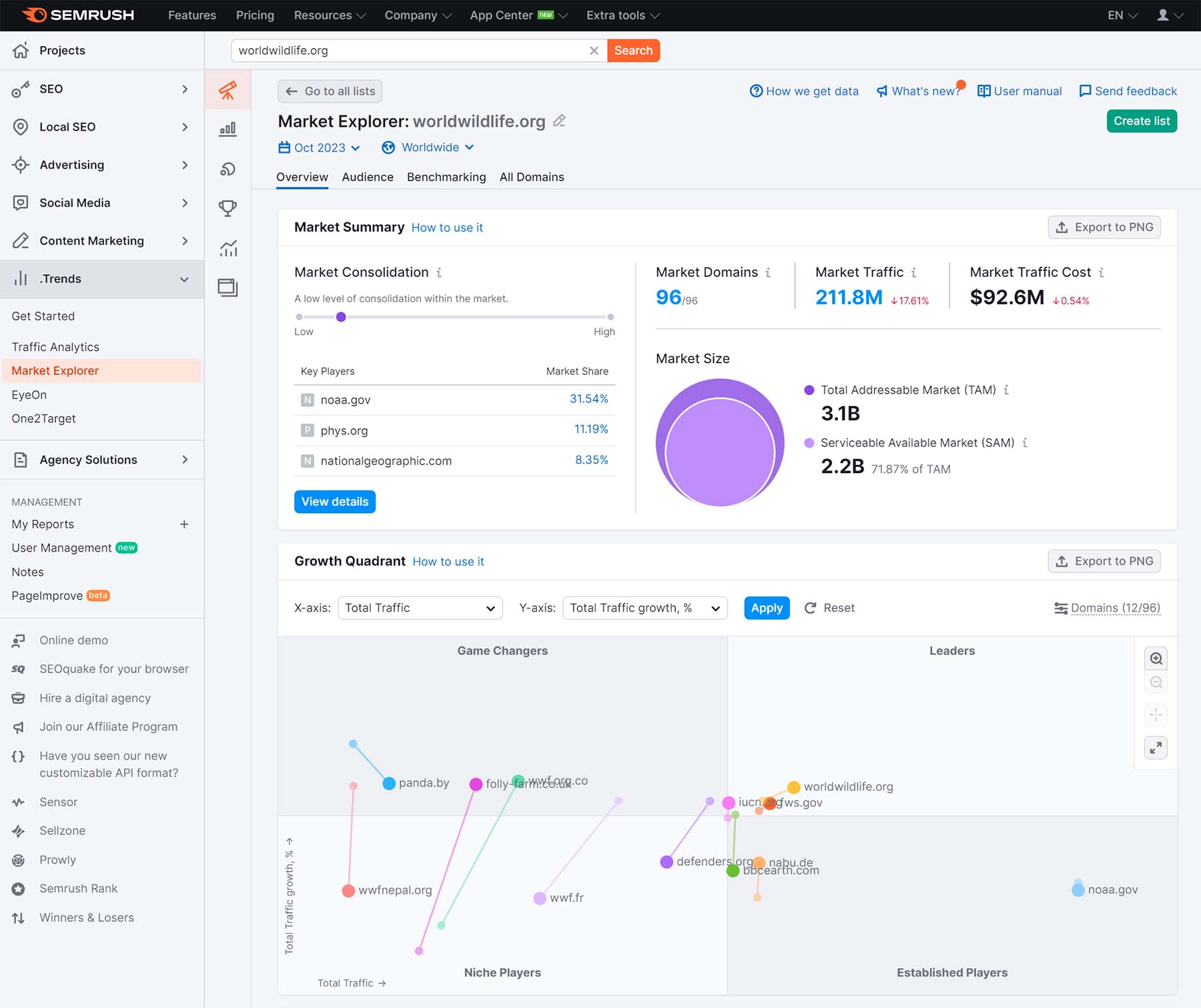 screenshot of semrush's market research tool