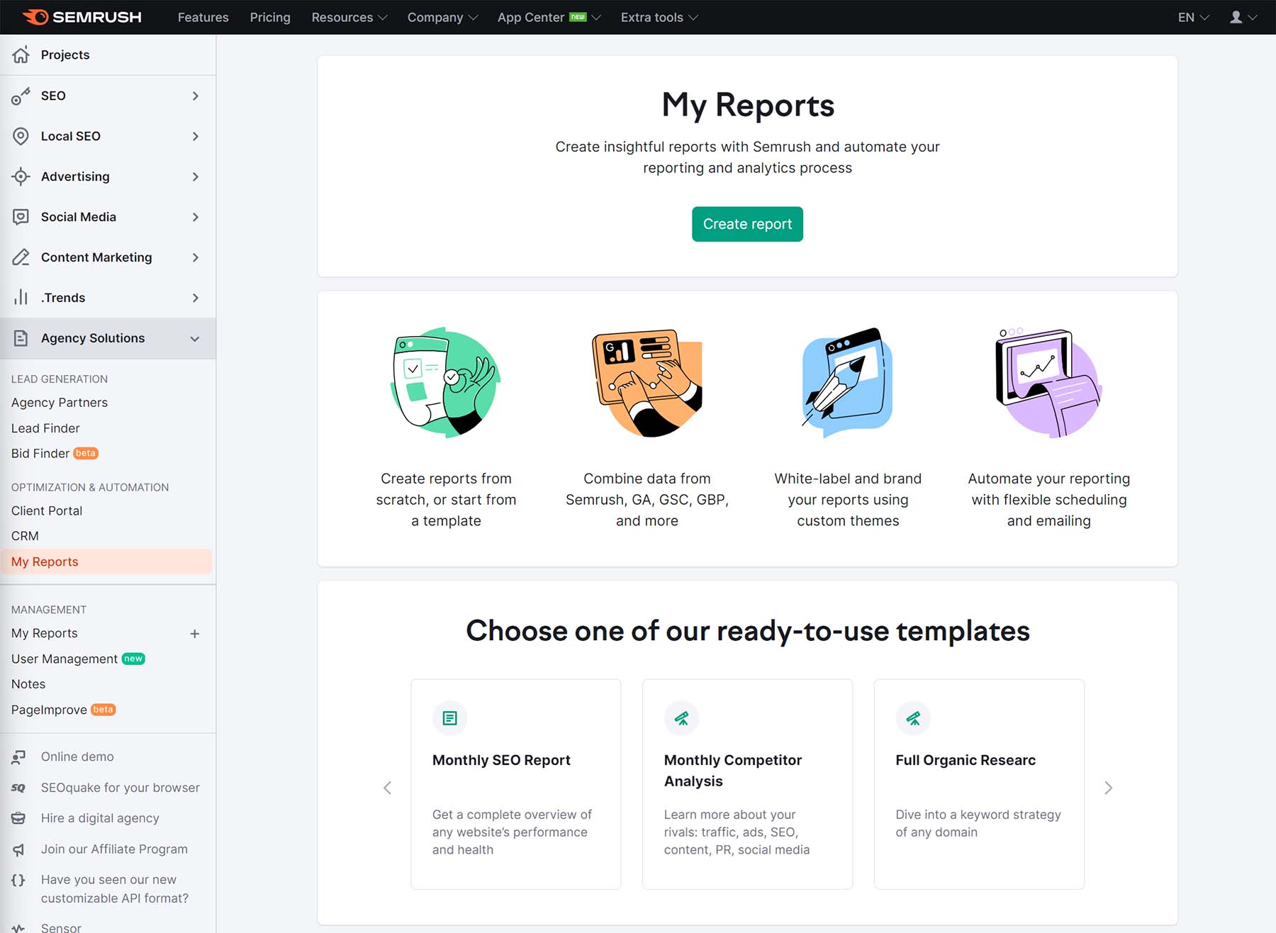 screenshot of semrush's my reports area