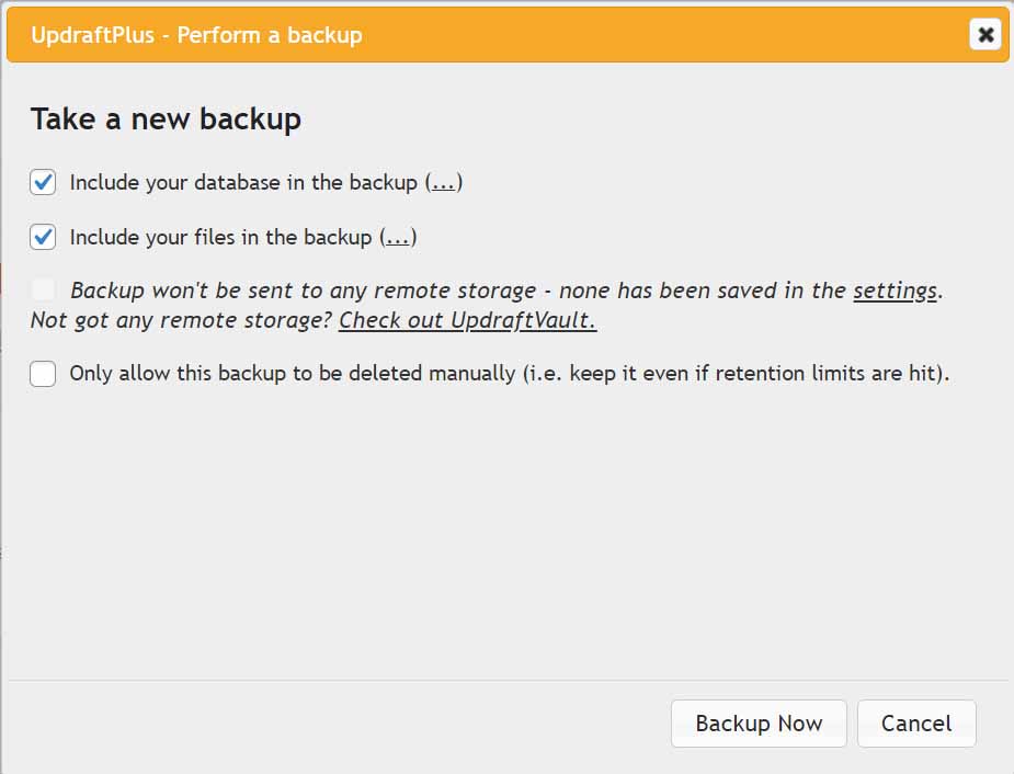 A screenshot showing the backup dialog box triggered in UpdraftPlus when a backup is initiated