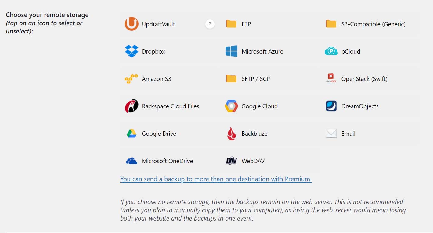Screenshot showing UpdraftPlus's remote storage options, including Dropbox, Google Drive, Email, and more.