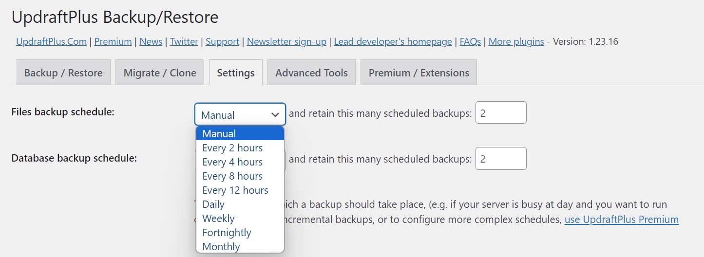 Screenshot of the UpdraftPlus settings tab and backup scheduling settings.