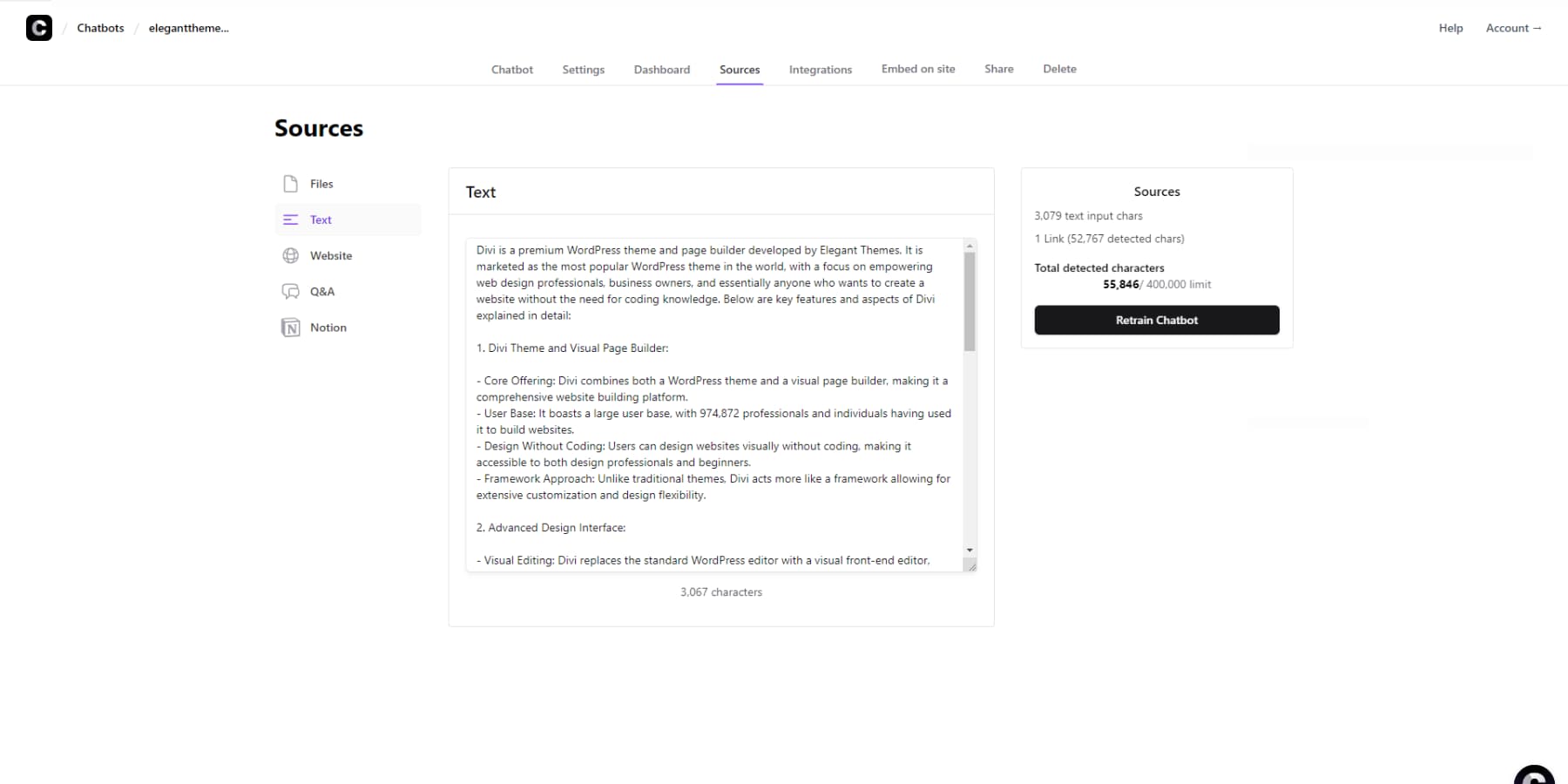 A screenshot of Adding data to Chatbase