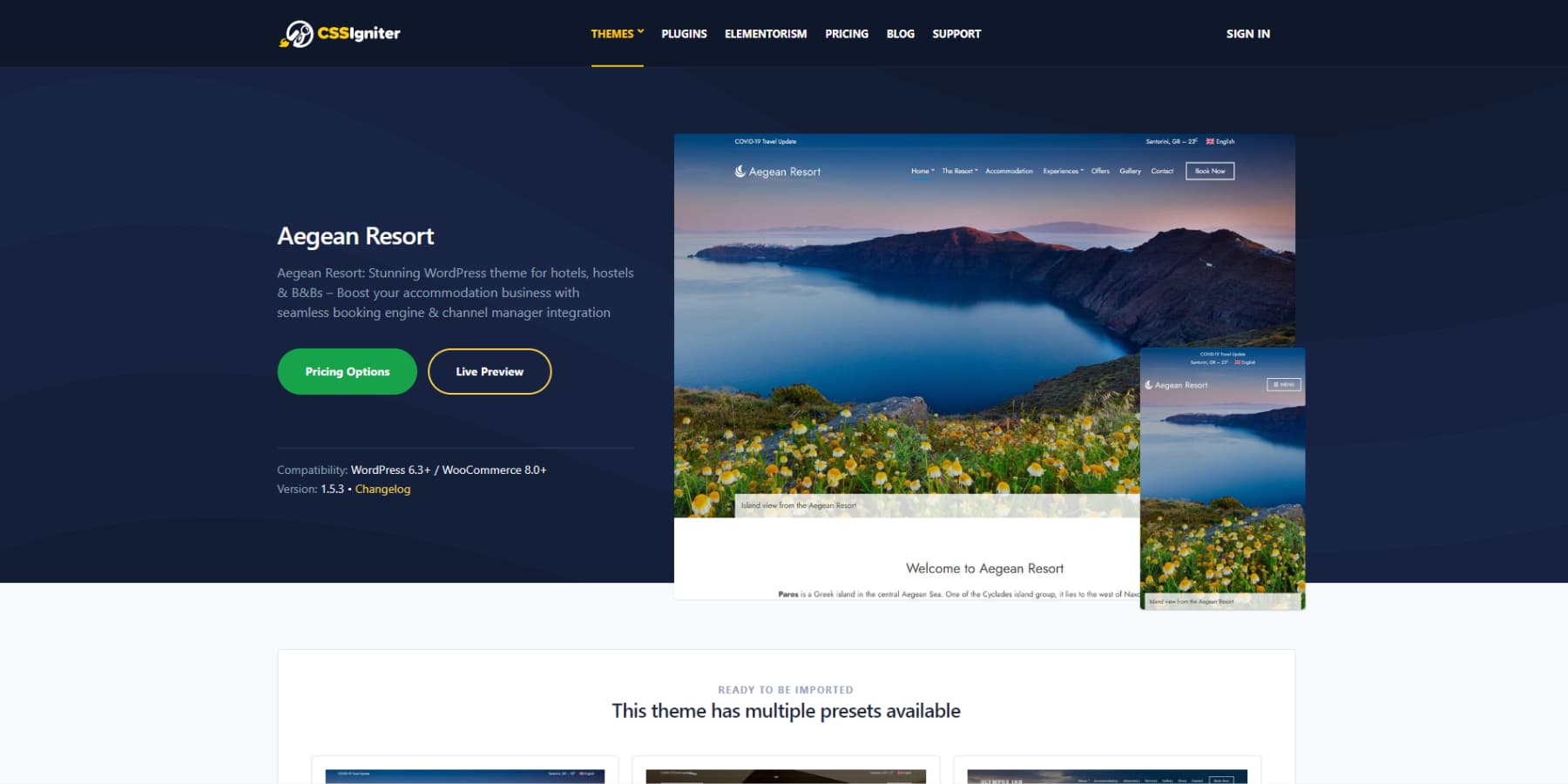 A screenshot of Aegean Resort's home page