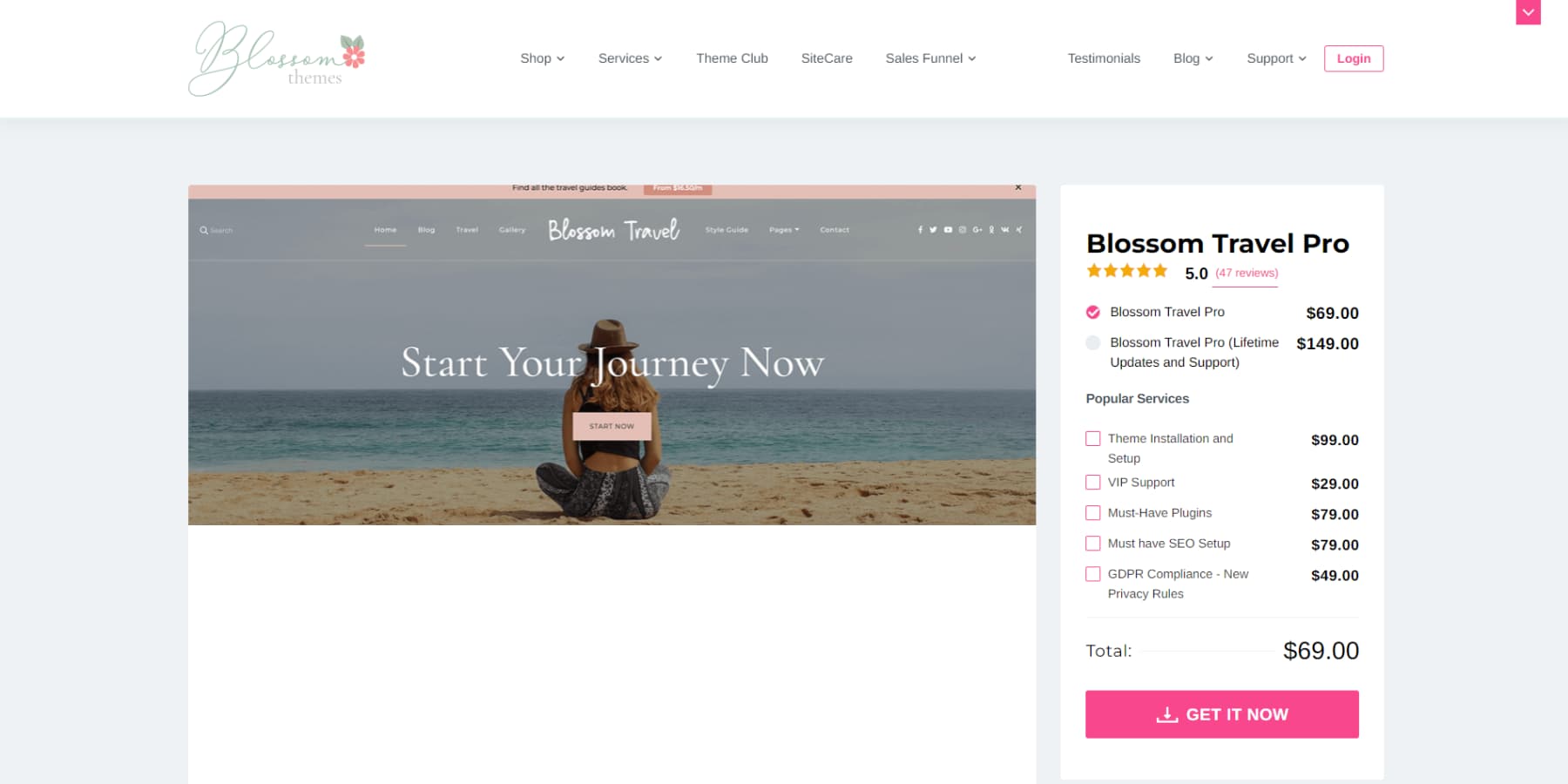 A screenshot of Blossom Travel Pro's home page